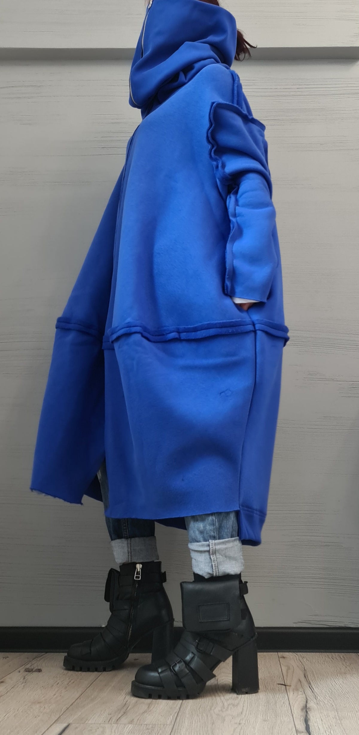 Royal Blue Oversized Cotton Jacket, Long Sweatshirt Coat with High Collar, Plus Size