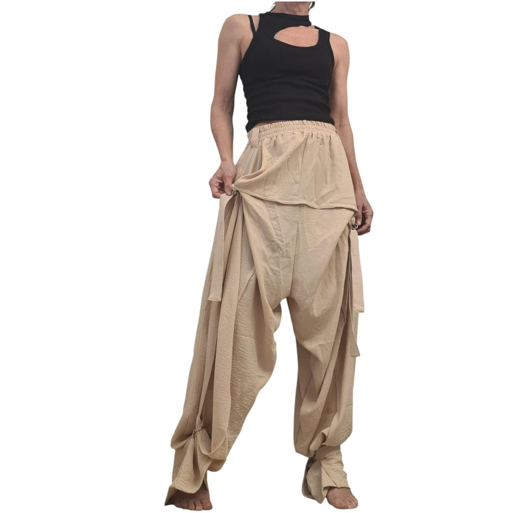 Beige Harem Trousers, Strap and Ring Detail, Drop Crotch