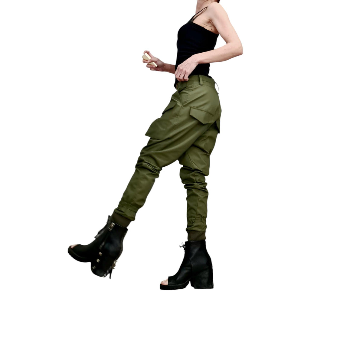 Military Green Cargo Pants, Drop Crotch Cotton Trousers, Slim Leg