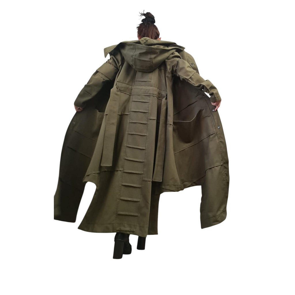 Military Green Denim Hooded Trench Coat, Asymmetrical Avant Garde Overcoat, Denim Outfit for Women