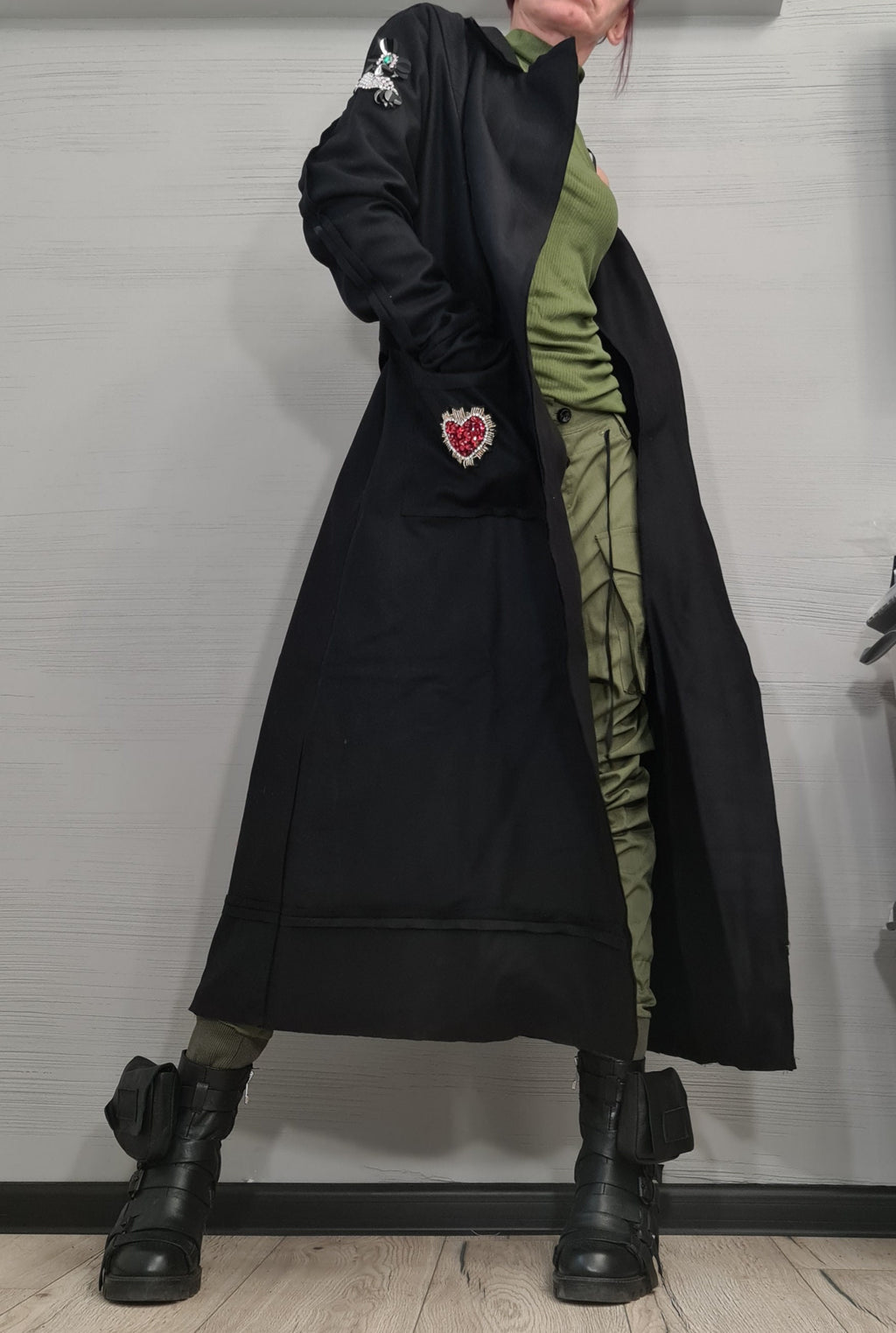 Black Asymmetrical Maxi Coat, Double Buckle Belt, Decorative Appliqués, Flared Winter Overcoat