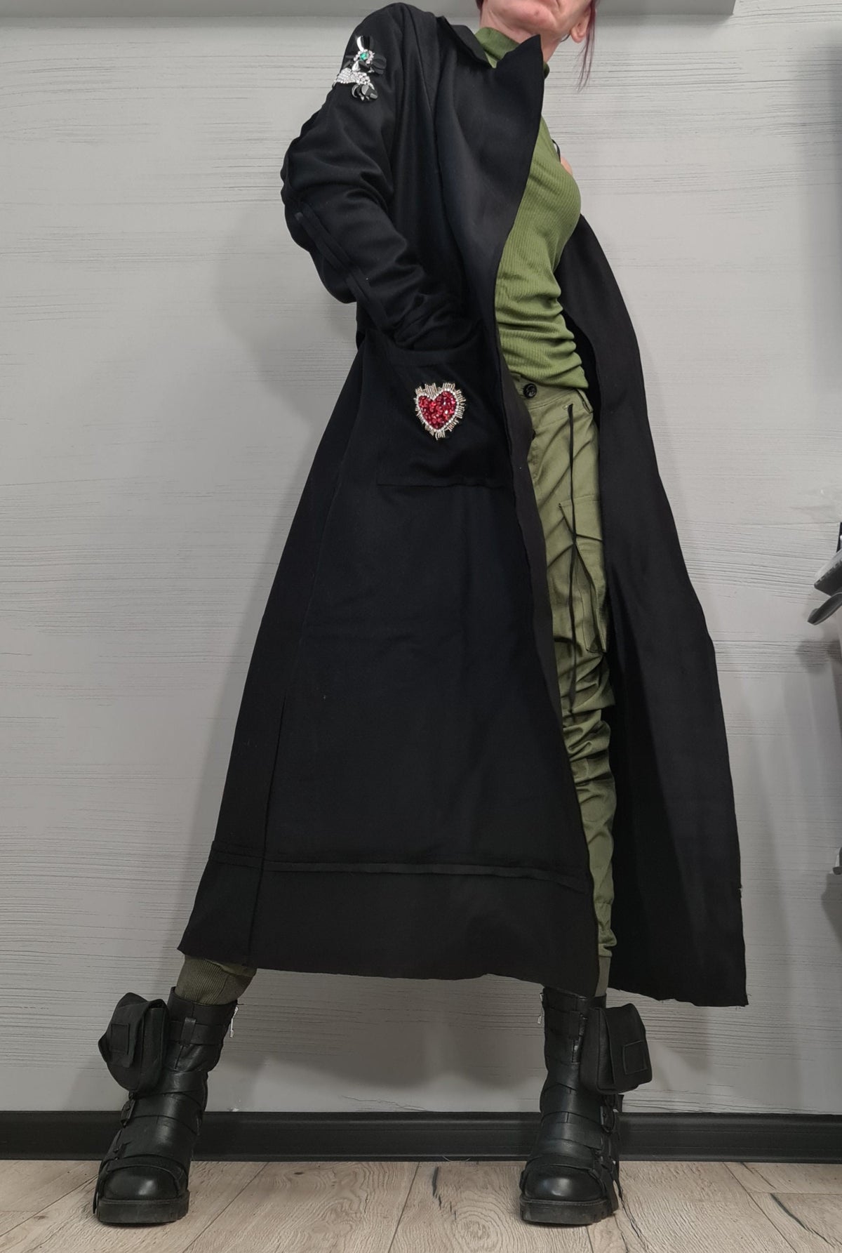 Black Asymmetrical Maxi Coat, Double Buckle Belt, Decorative Appliqués, Flared Winter Overcoat