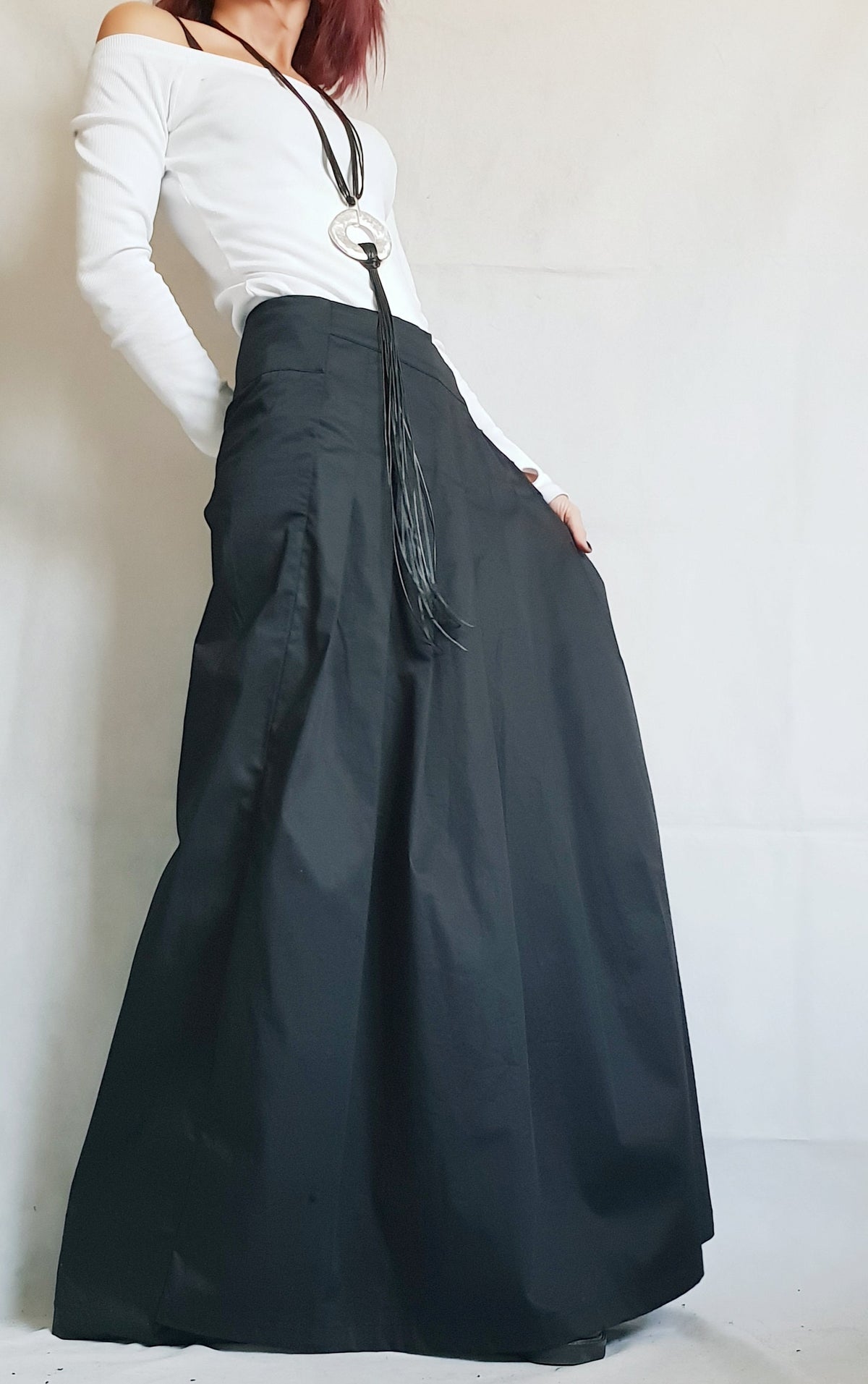 Black Harem Pants with Pleated Skirt Panel, Wide Leg