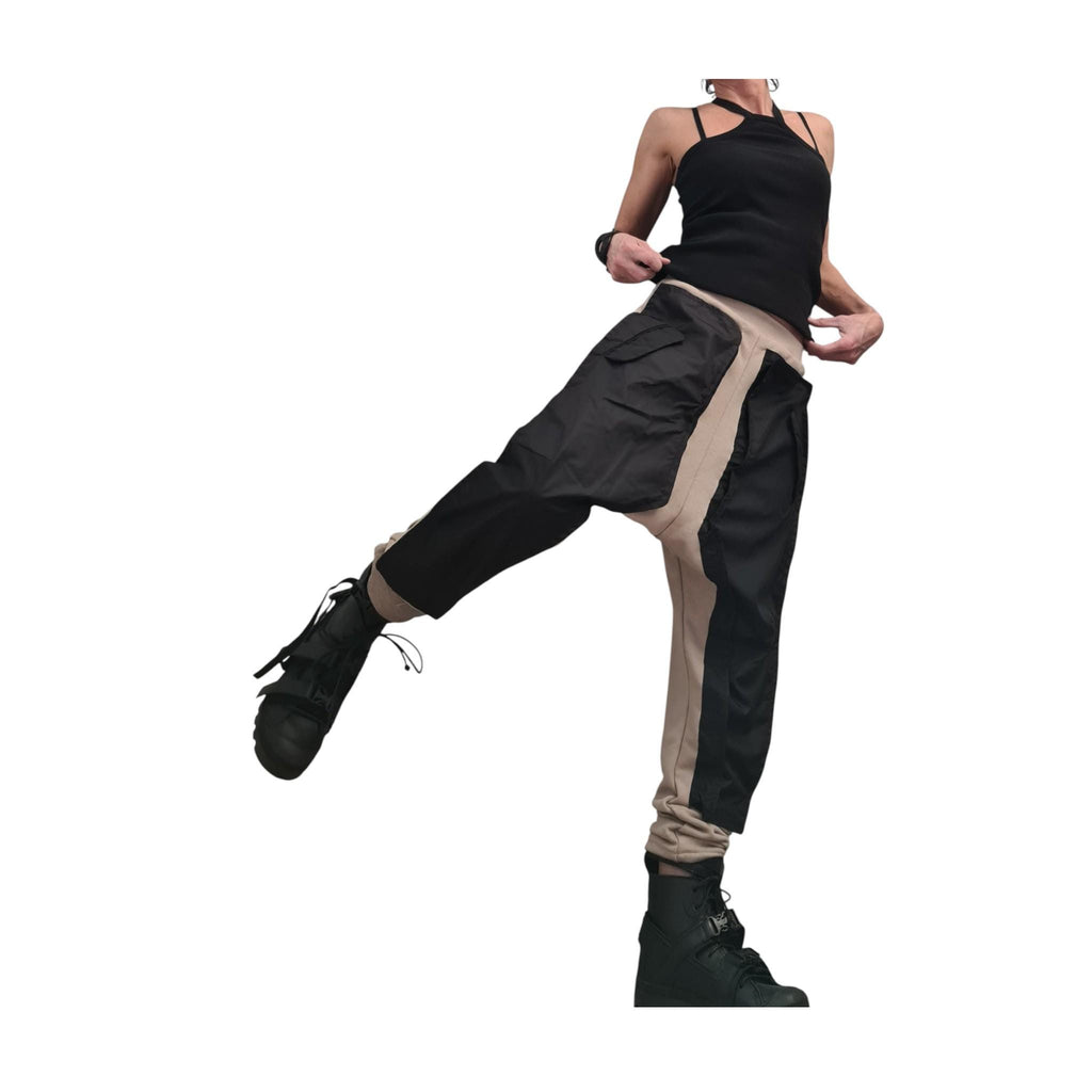 Fuchsia Harem Pants, Black Cargo Pockets, French Terry Tapered Leg Joggers