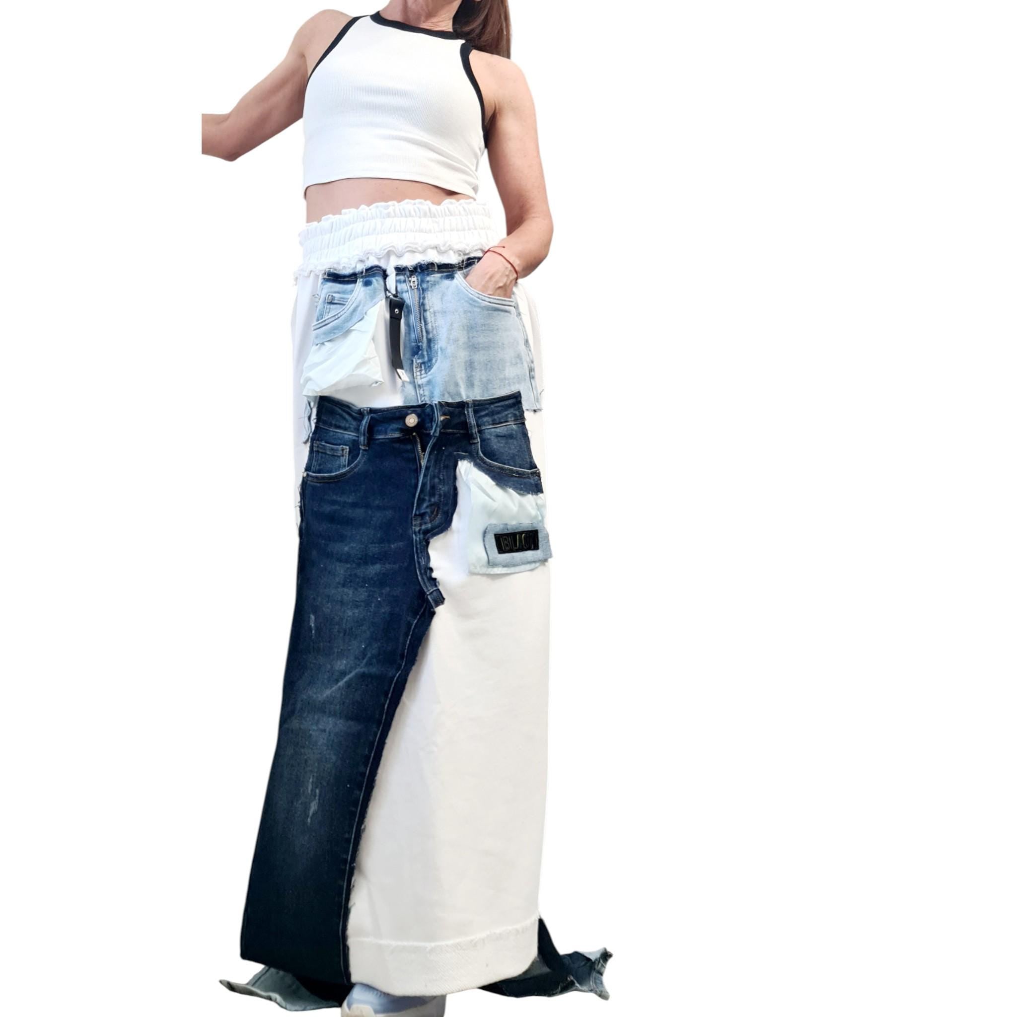 White Maxi Skirt, Cotton with Denim Details, Asymmetric Design with External Seams