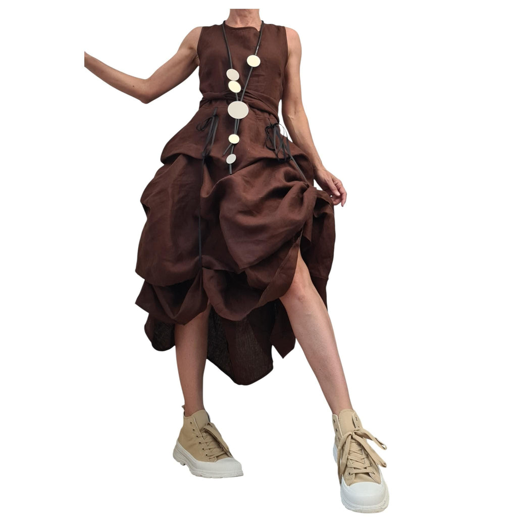 Yellow Linen Asymmetric Dress for Women, Sculptural Summer Dress, Avant garde Adjustable Volume Skirt