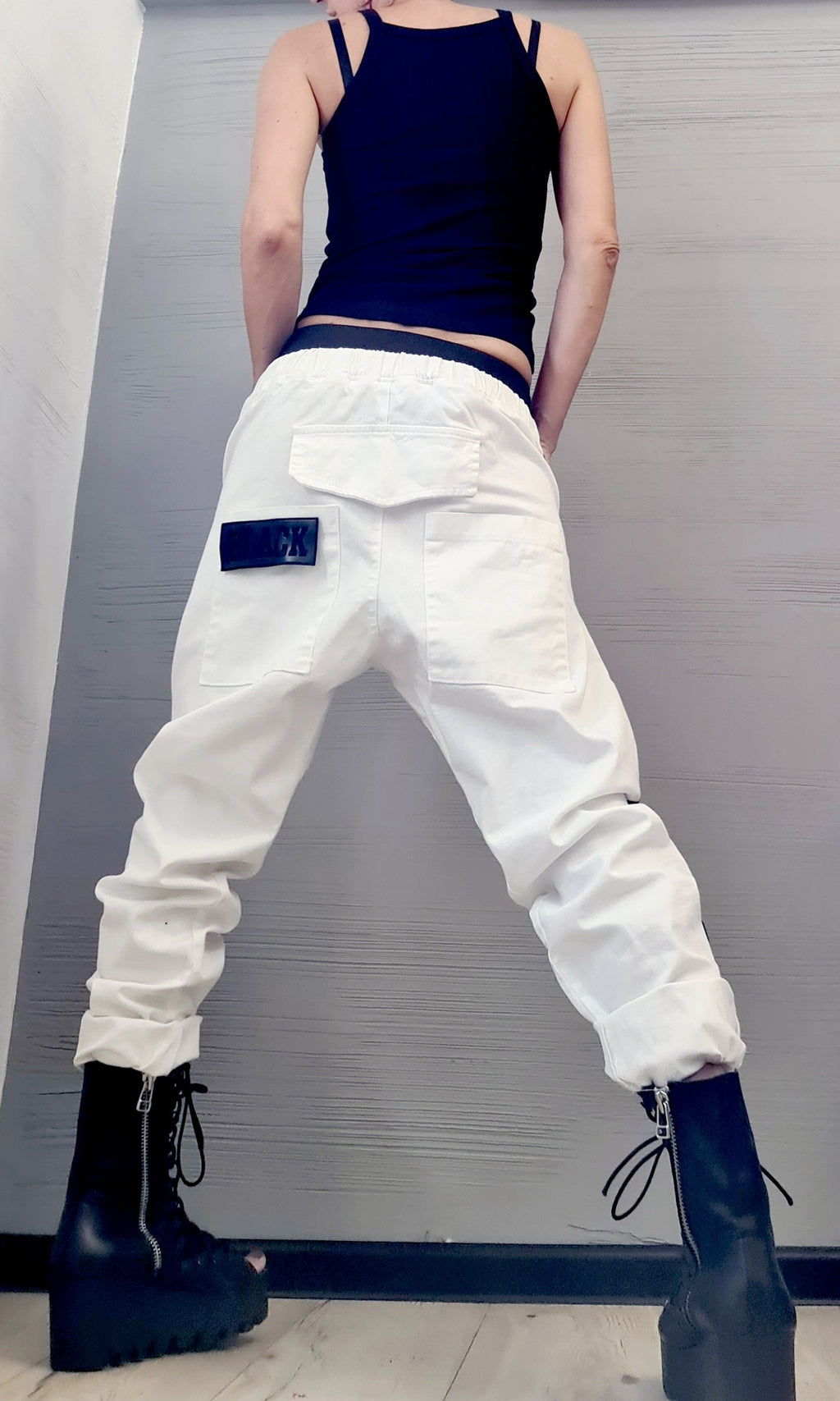 Beige Cargo Jogger Pants, Drop Crotch Trousers, Black Side Stripes, Elastic Waist, Multiple Pockets