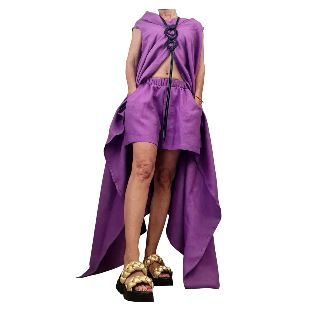 Purple Linen Tunic Shorts Set, Asymmetric Long Tunic, Loose Pants, Handmade Summer Outfit