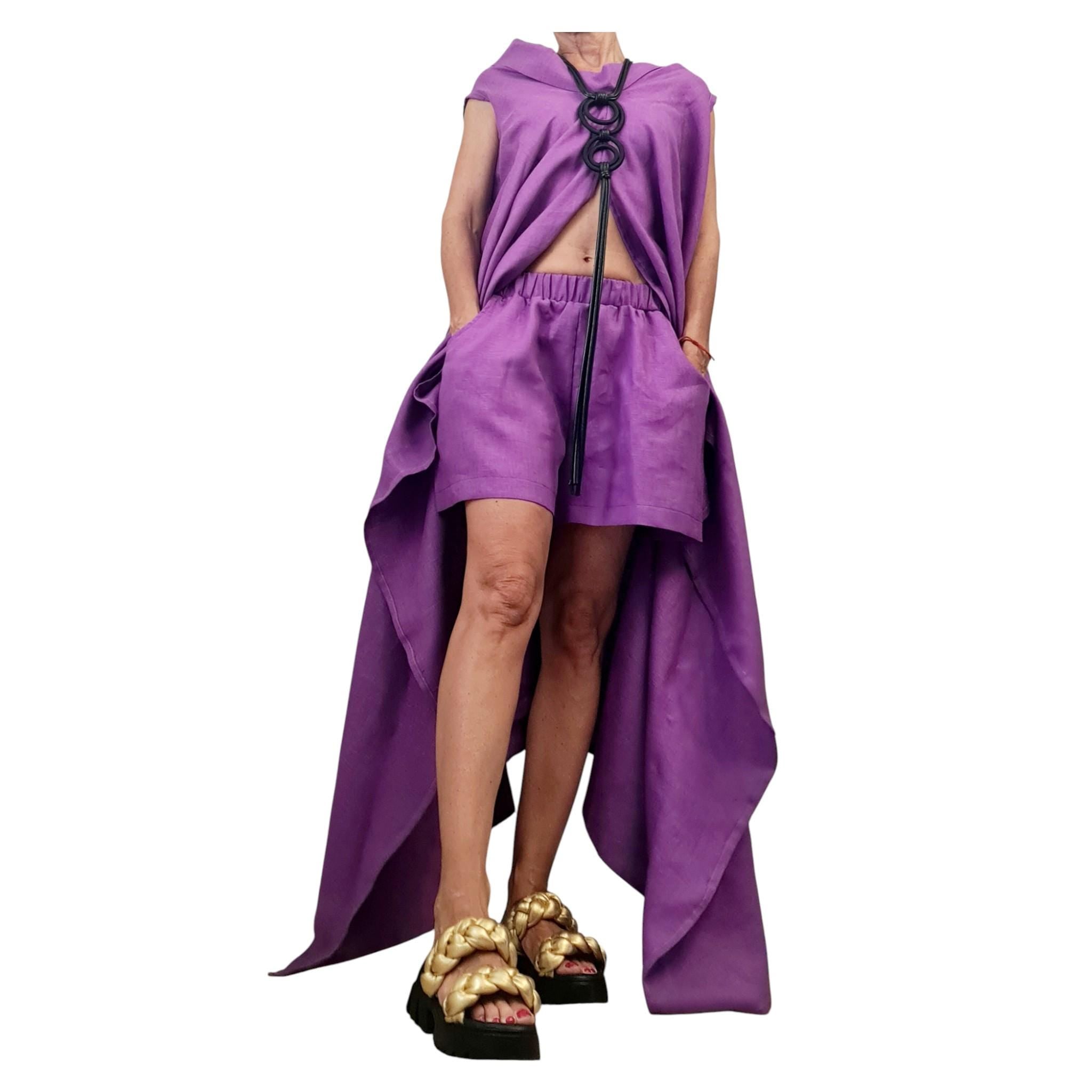 Purple Linen Tunic Shorts Set, Asymmetric Long Tunic, Loose Pants, Handmade Summer Outfit