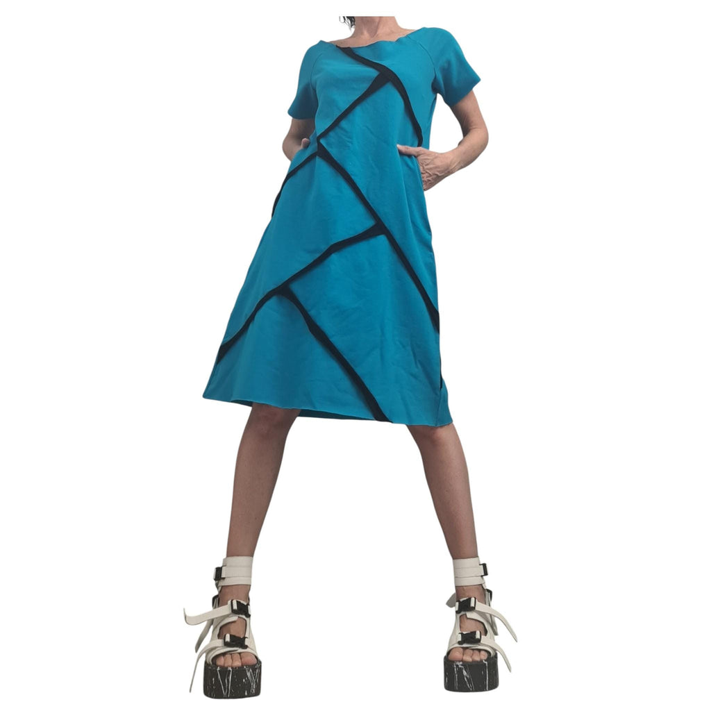 Blue Cotton Tunic Dress, Plus Size Asymmetric Outfit, Short Sleeve Fashion for Women