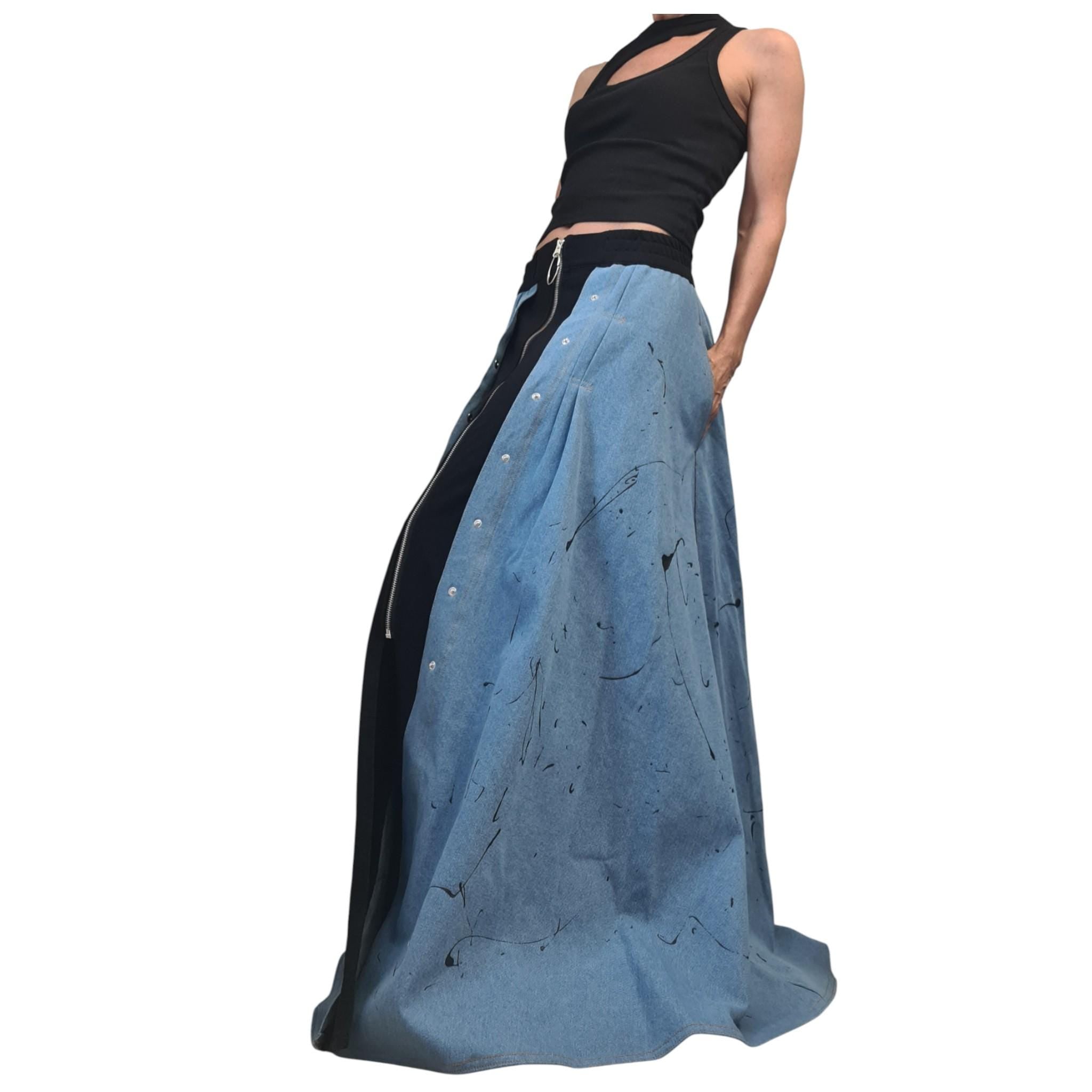 New collection Extravagant Long Skirt, Cotton Denim Skirt, Deconstructed Avant Garde Skirt