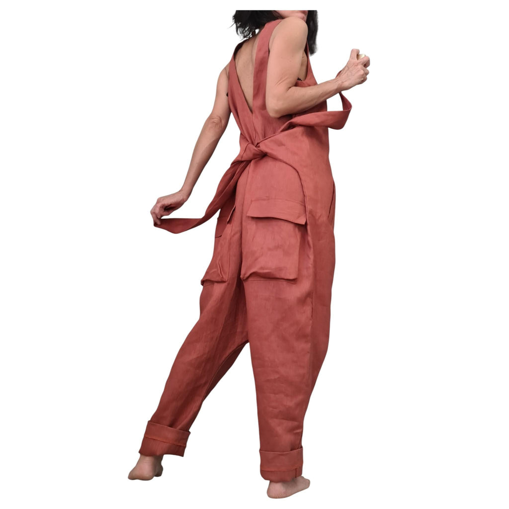 Terracotta Linen Jumpsuit, Asymmetric Harem Overall, Wide Leg Sleeveless Jumpsuit, Oversized Clothing for Women