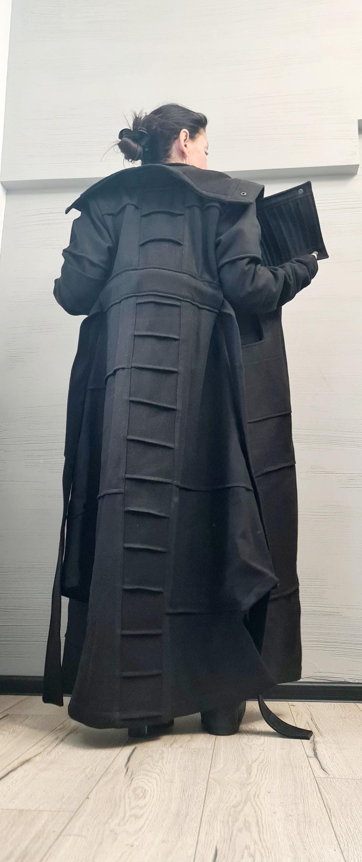 Black Hooded Asymmetric Coat, Oversized Long Winter Jacket, Wrap Belt Closure