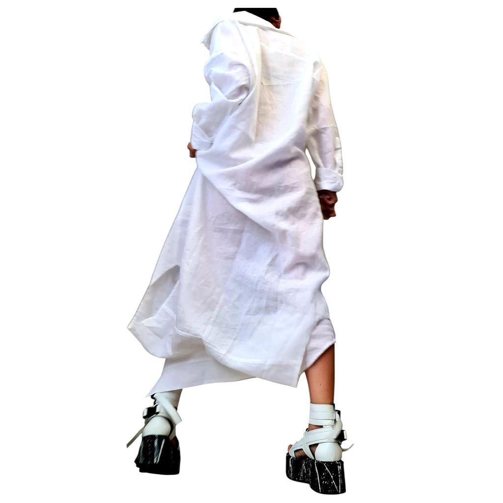 White Linen Deconstructed Shirt Dress, Convertible Tunic, Asymmetric Top for Women