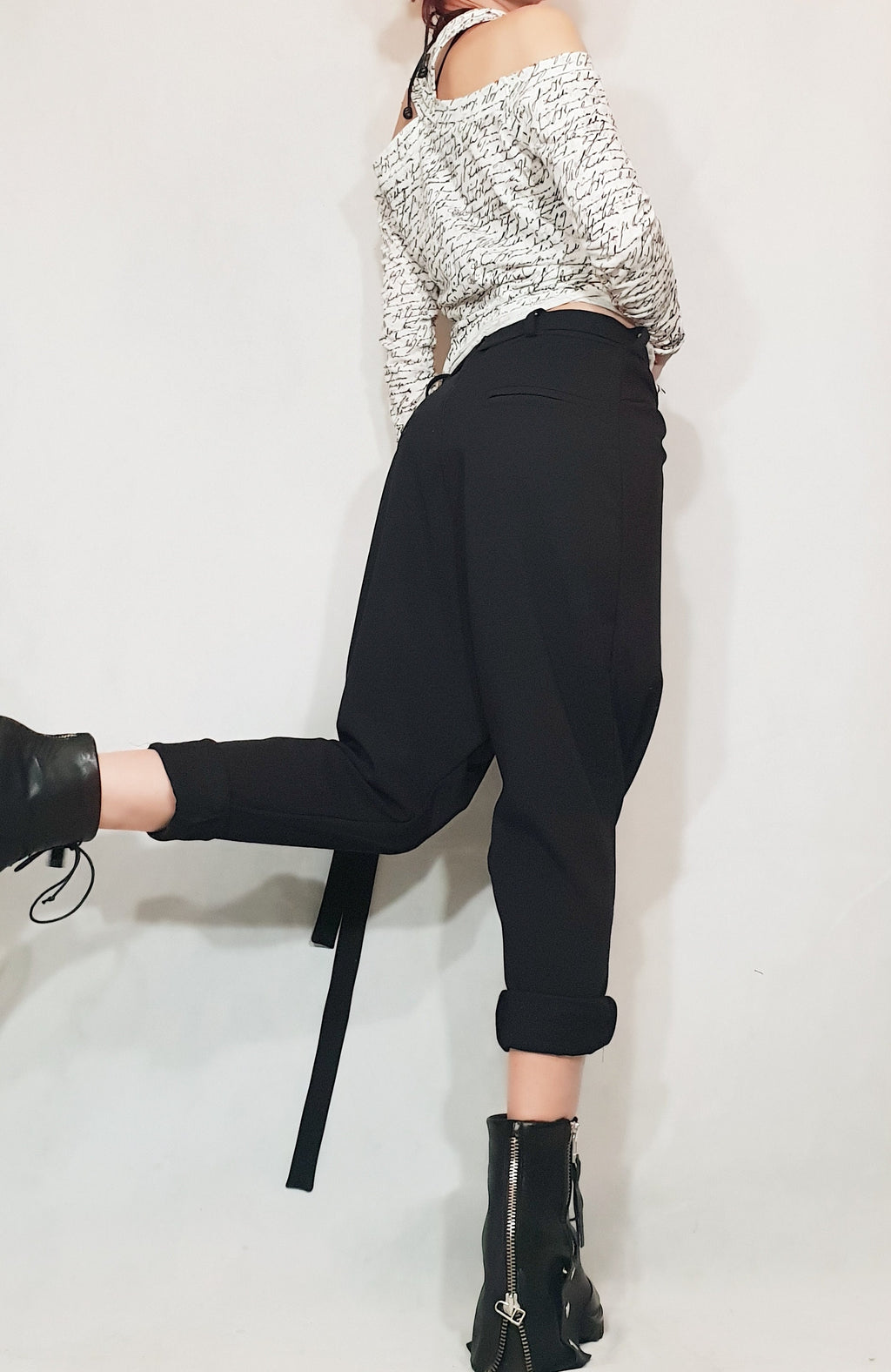 Black Harem Pants, Wrap Front, Tapered Leg, Drop Crotch