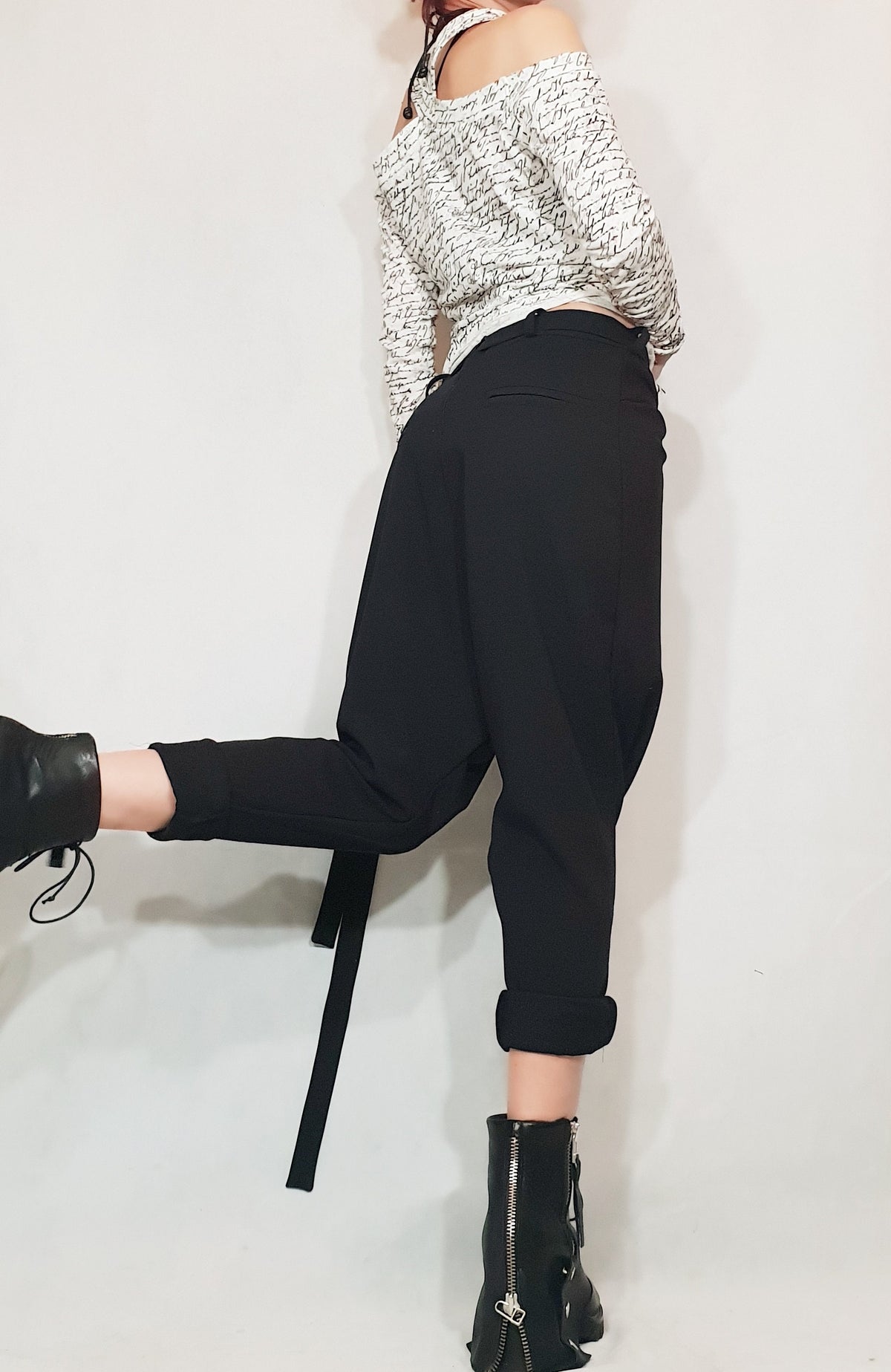 Black Harem Pants, Wrap Front, Tapered Leg, Drop Crotch