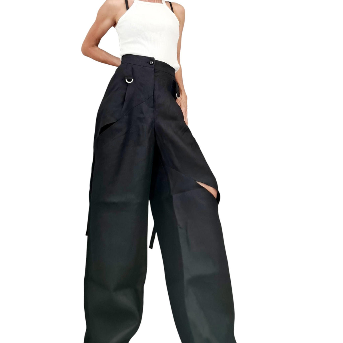 Black Linen Harem Pants for Women, Gothic Wide Leg Trousers with Asymmetric Slits
