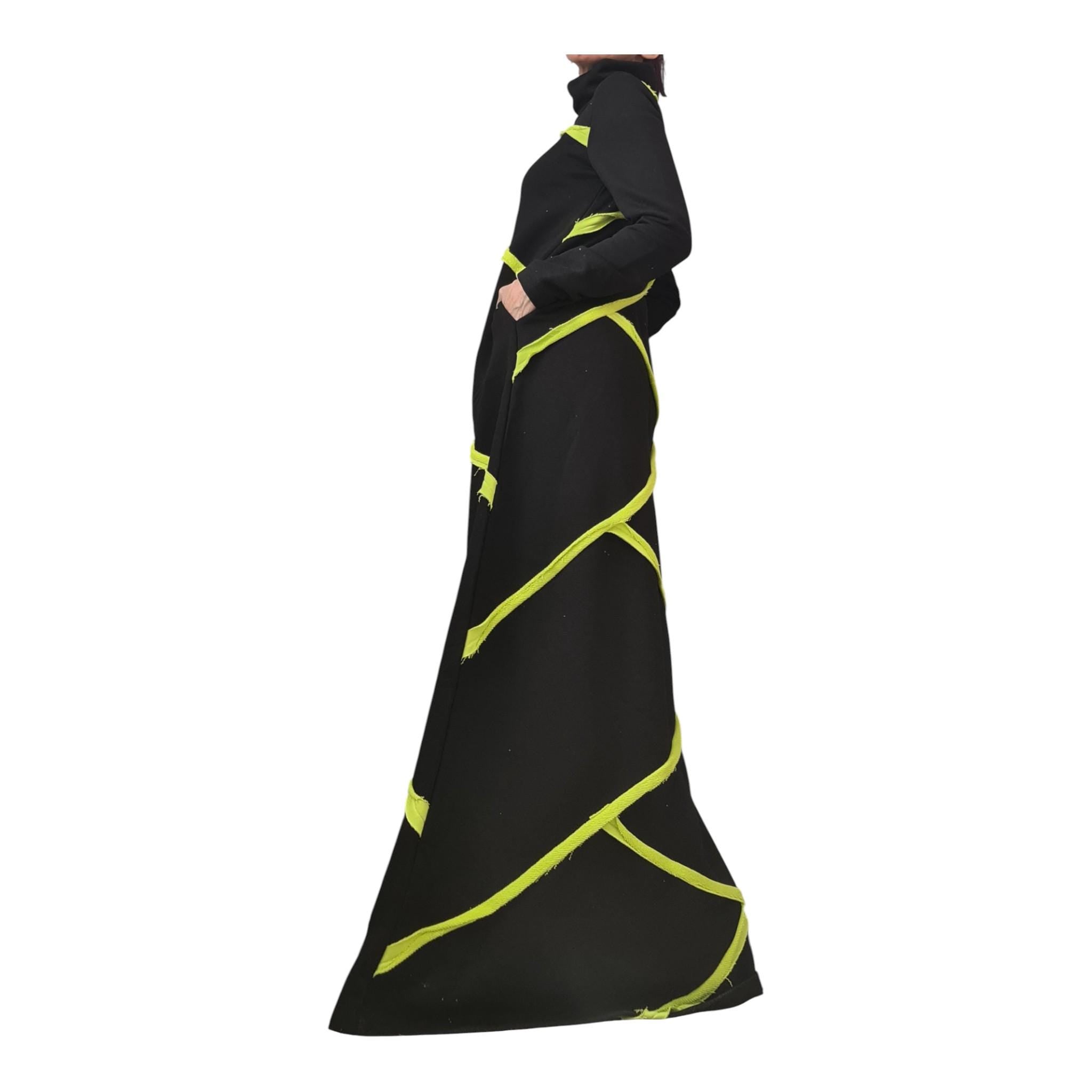 Black Cotton Maxi Dress, Lime Geometric Asymmetric Design, High Neck, Handmade Long Sleeve Dress