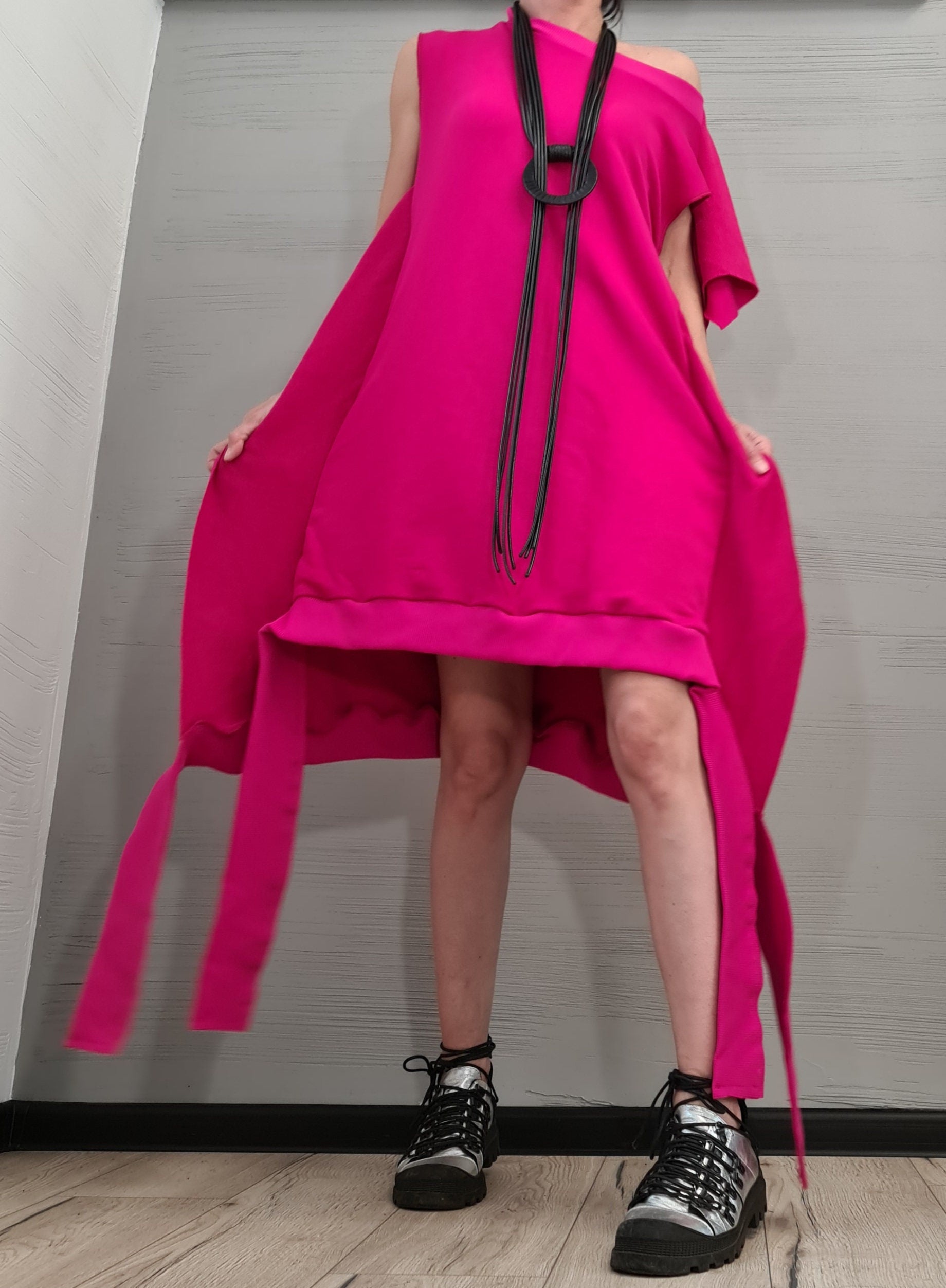 Fuchsia Asymmetrical Tunic, Cotton Loose Fit, Removable Sleeves Dress, Plus Size Dress for Women