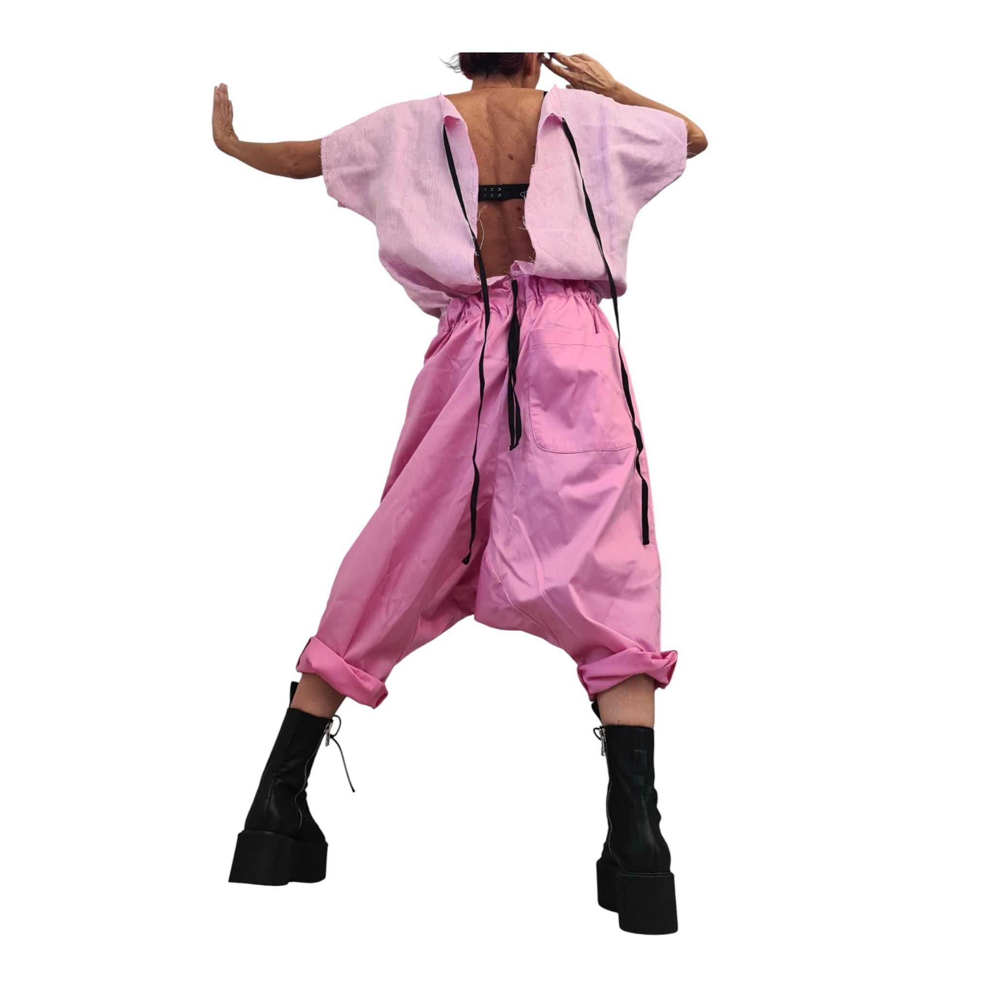 Baby Pink Harem Jumpsuit, Open Back Linen Top, Loose Satin Drop Crotch Overall Women
