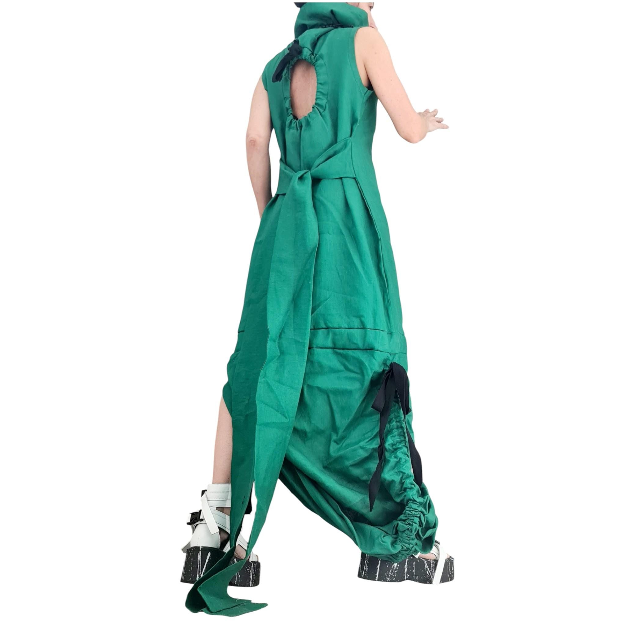 Green Linen Maxi Dress, Open Back, Asymmetric Sleeveless Fit, Avant Garde Plus Size Dress