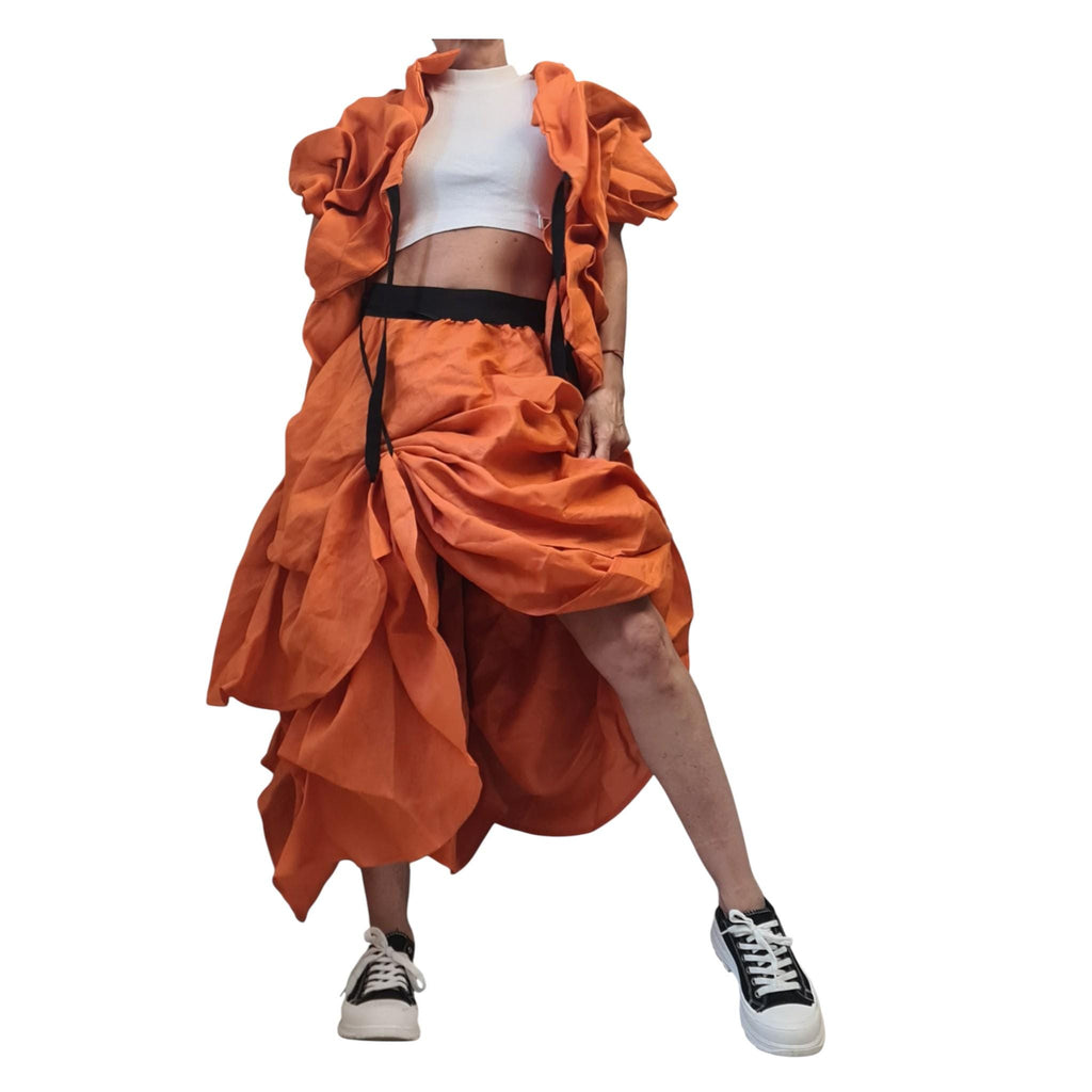 Orange Linen Cropped Vest, Sleeveless Summer Jacket