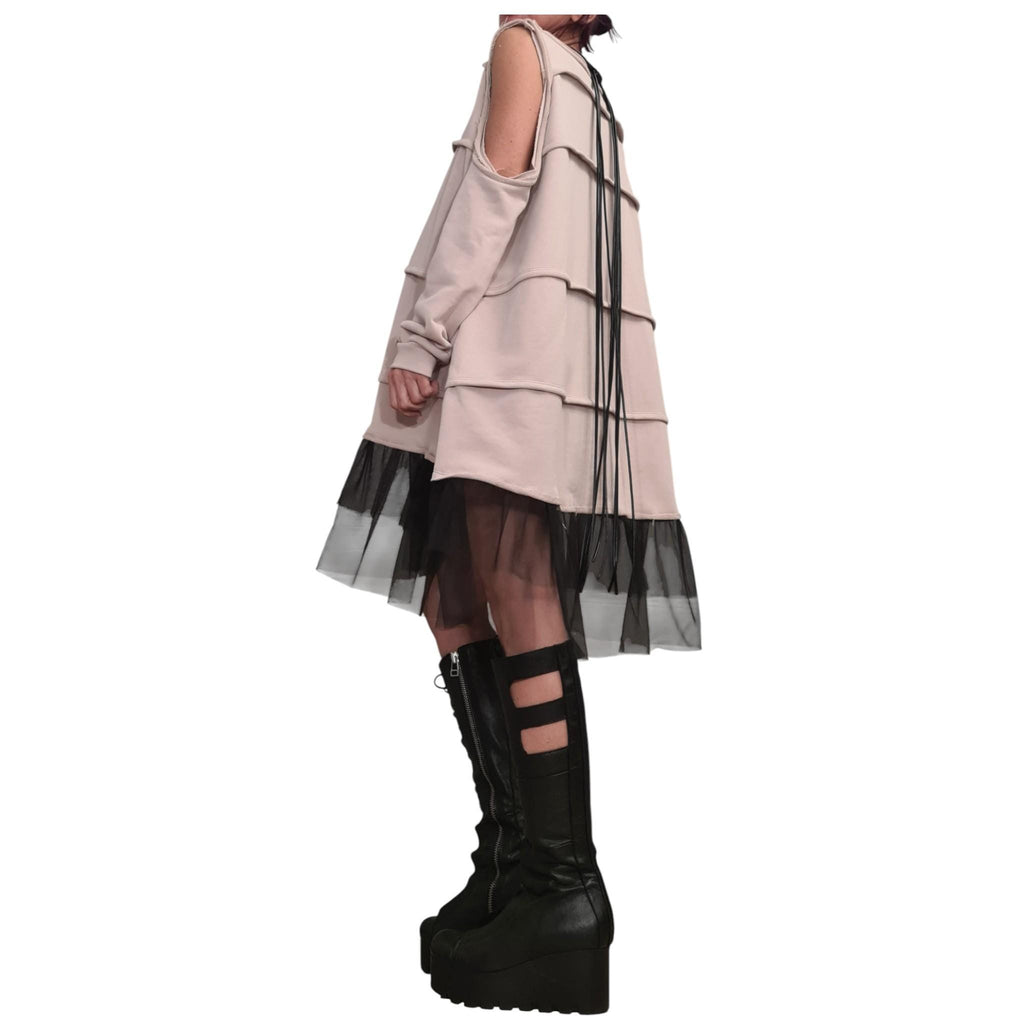 Beige Off Shoulder Dress: Asymmetrical Tulle Hem, Removable Sleeves