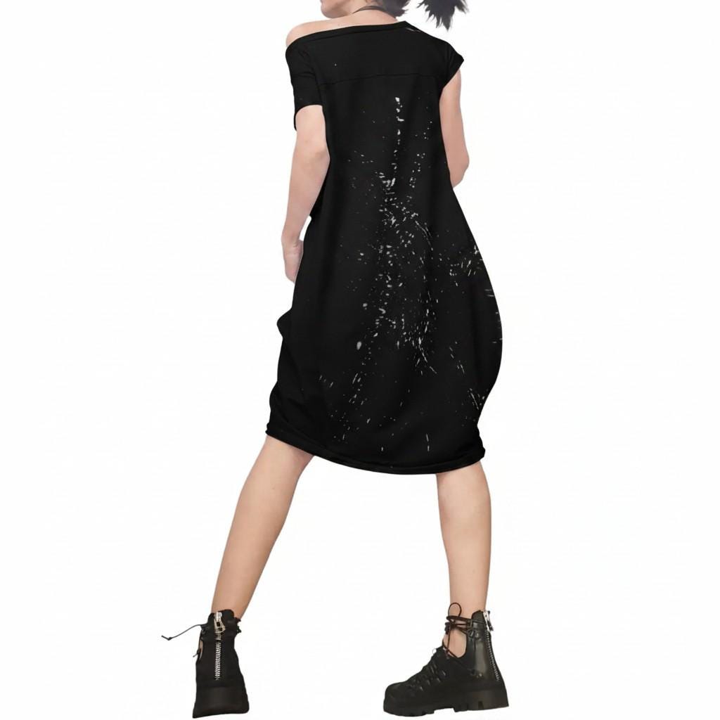 Black Cotton Midi Short Sleeve Dress, Cold Shoulder, Asymmetric Oversized Tunic