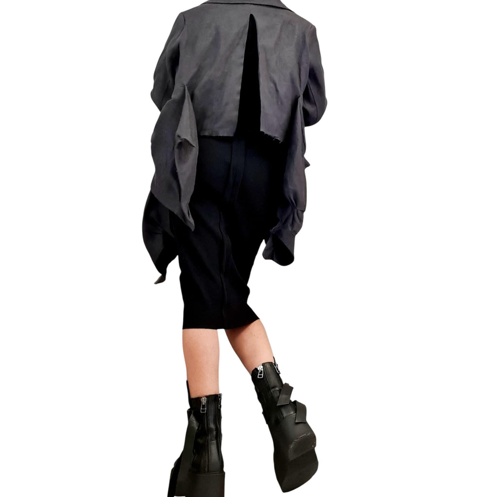 Graphite Linen Asymmetric Blazer | Long Front Open Back Womens Designer Statement Outerwear
