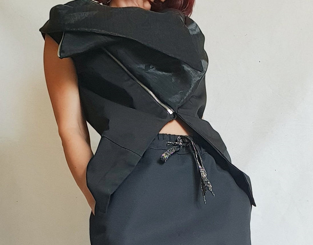 Black Asymmetrical Vest, Sleeveless Fitted Top with Chiffon Collar Detail, Diagonal Zip