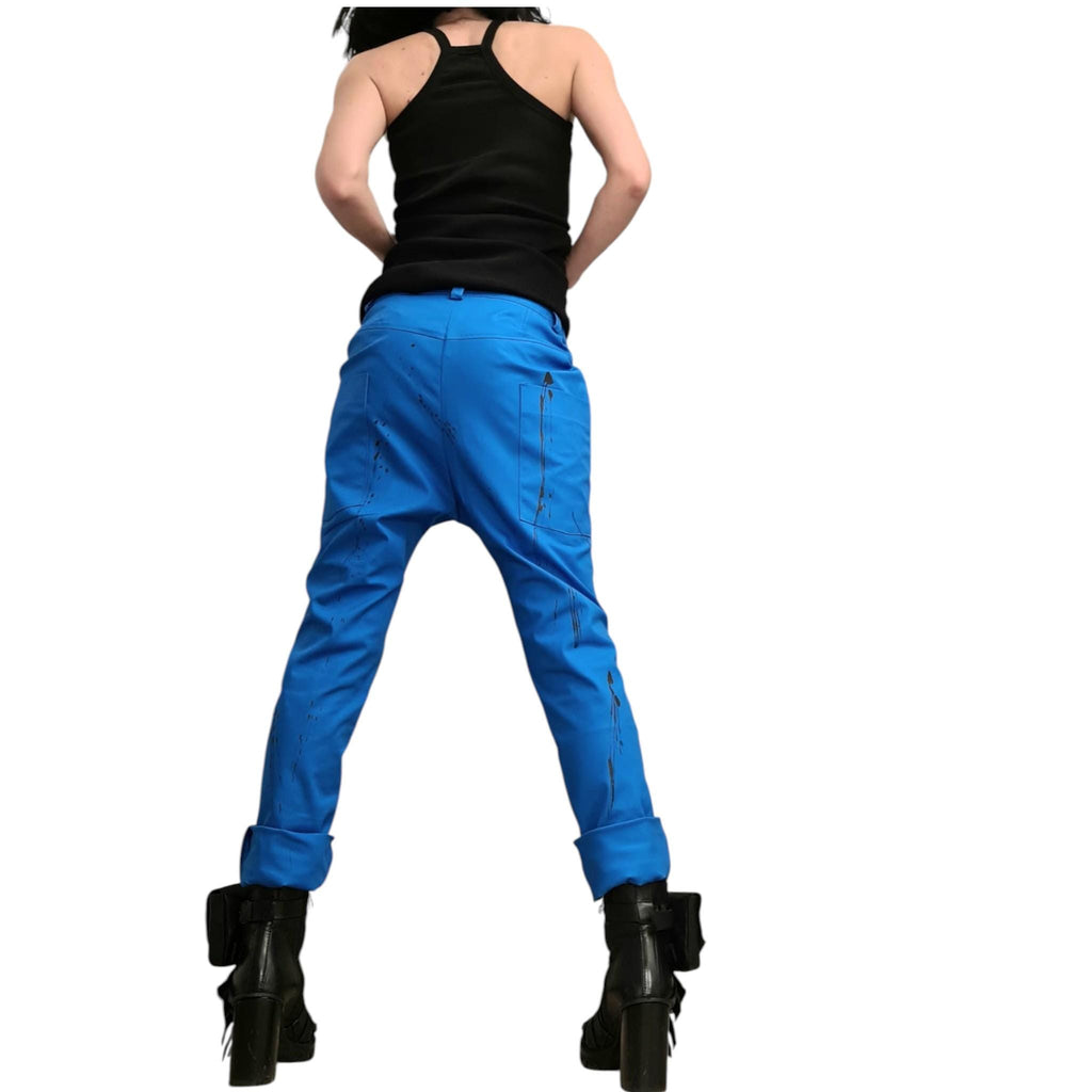 Blue Drop Crotch Pants, Asymmetric Closure, Tapered Leg, Paint Splatter