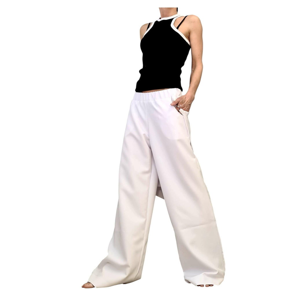 White Wrap Skirt Pants, Wide Leg Palazzo, Elastic Waist, Plus Size