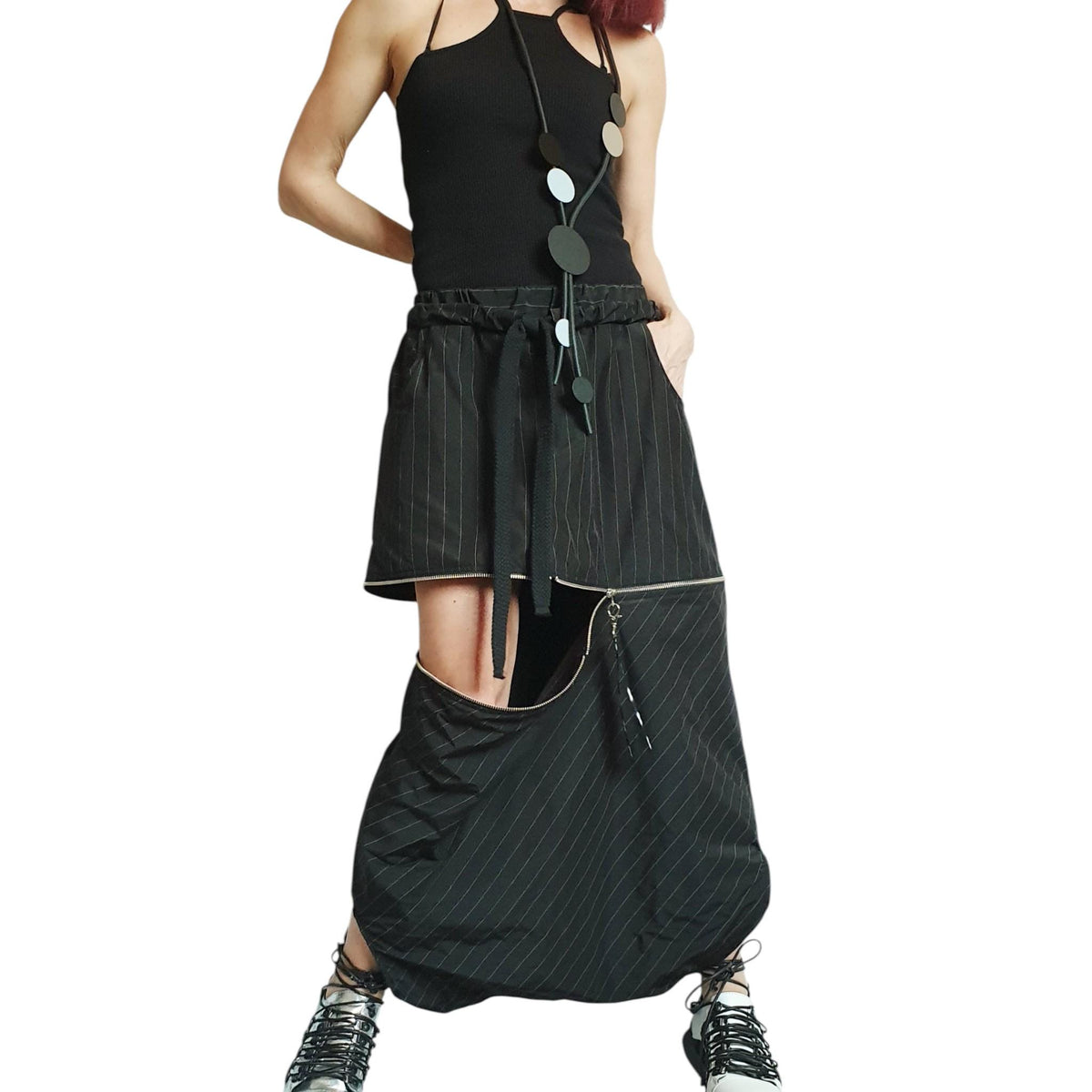 Black Pinstripe Asymmetrical Jacket, Long Pants Skirt, Plus Size Cotton Sateen Co-Ord Set