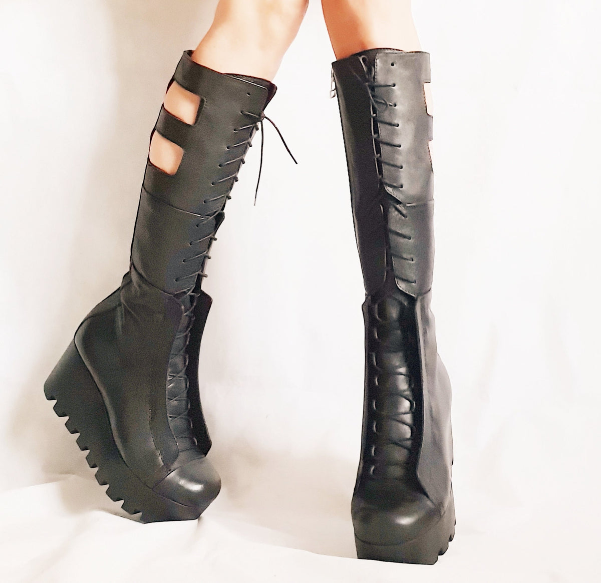 Leather Gladiator Platform Wedge Boots, Gothic Steampunk Shoes, Booties for Women