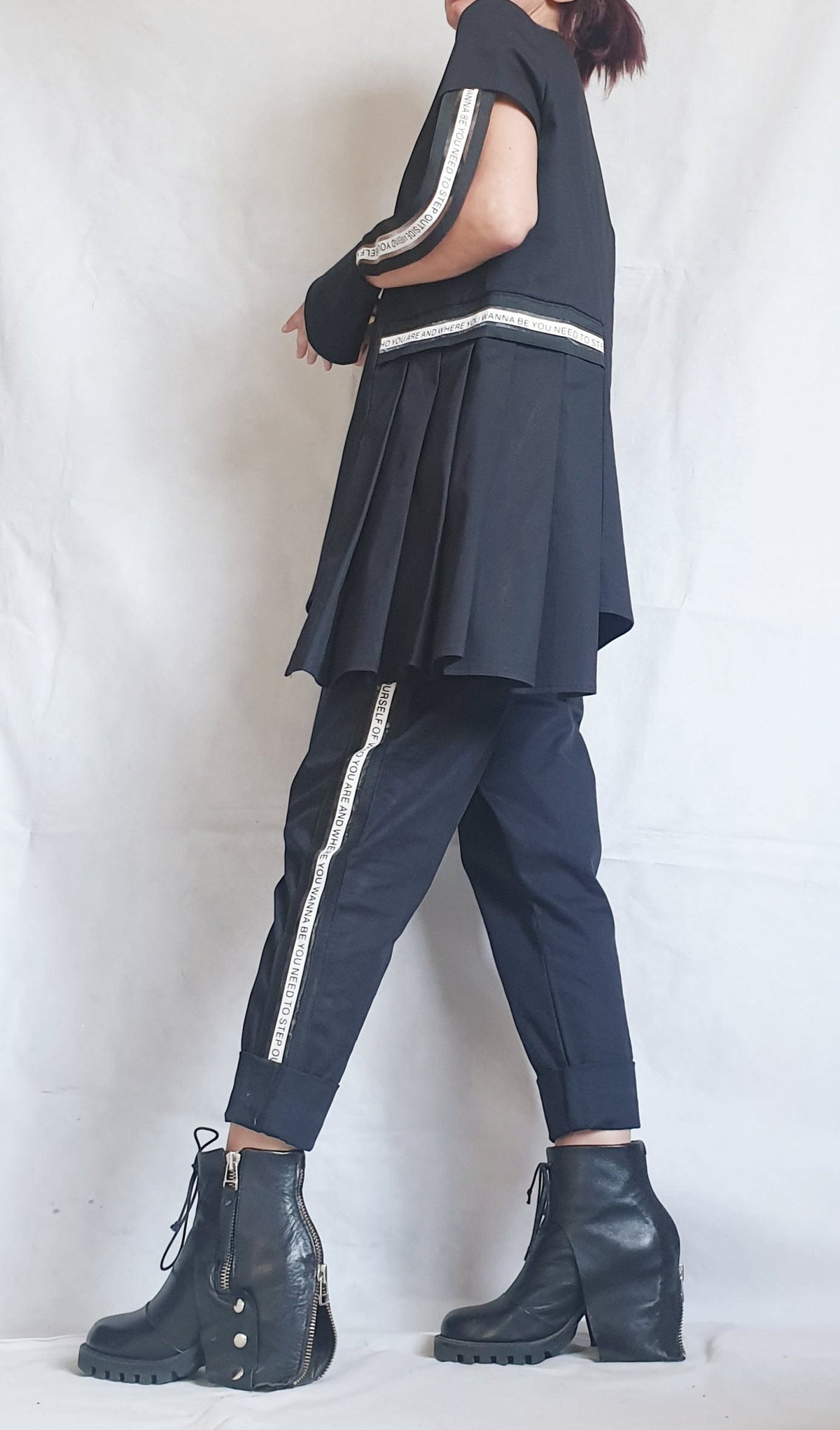 Black Drop Crotch Pants, Asymmetrical Peplum Tunic with Detachable Sleeves, Co-Ord Set
