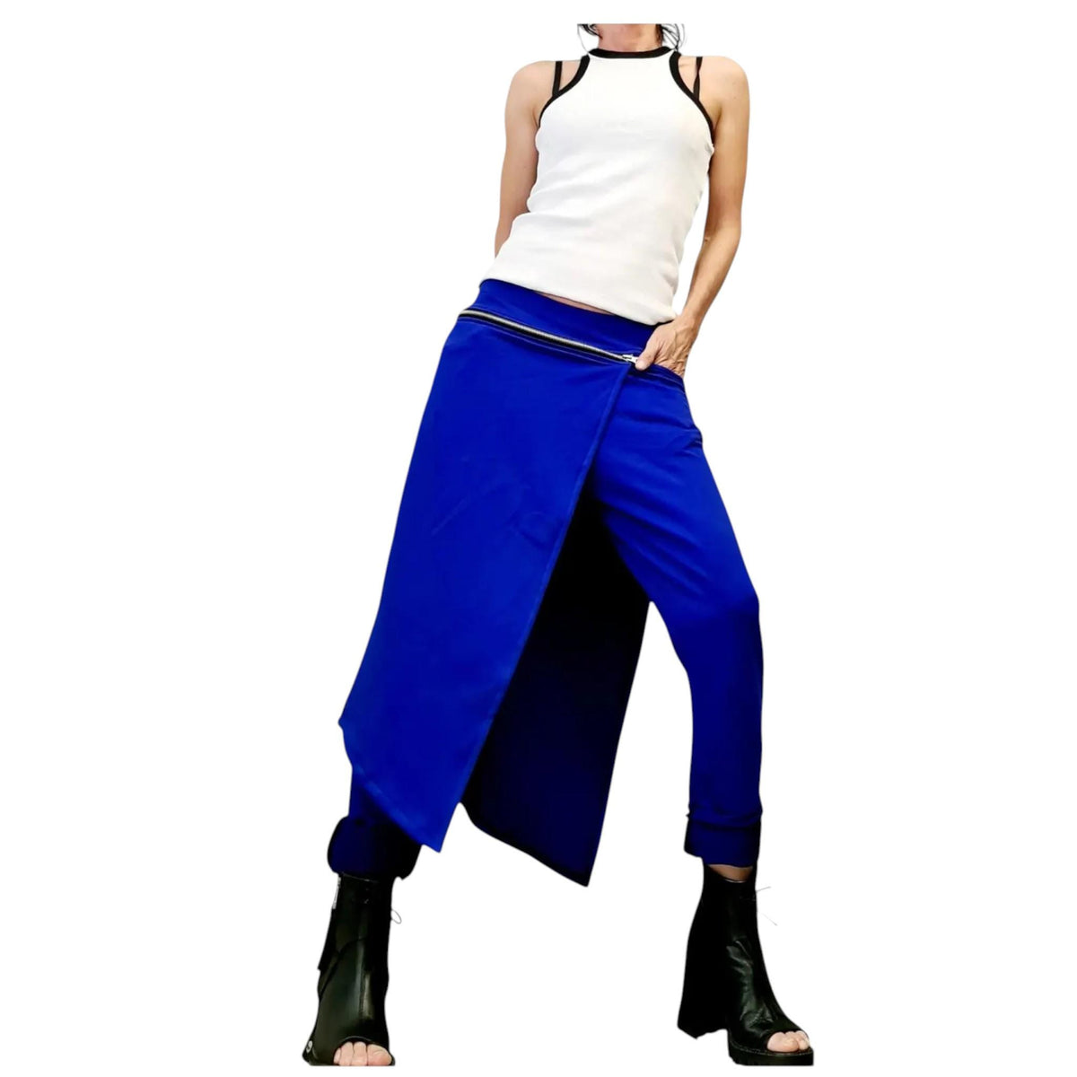 Military Green Asymmetric Pants, French Terry Trousers, Wrap Skirt Overlay