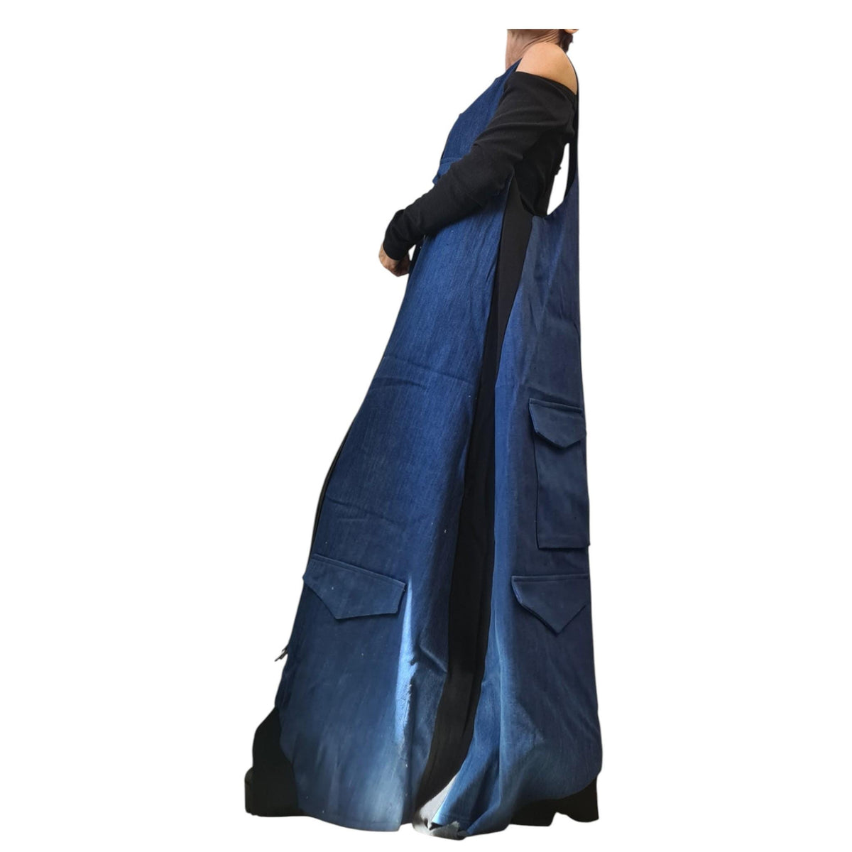 Denim Maxi Dress, Cargo Sleeveless Asymmetric Dress