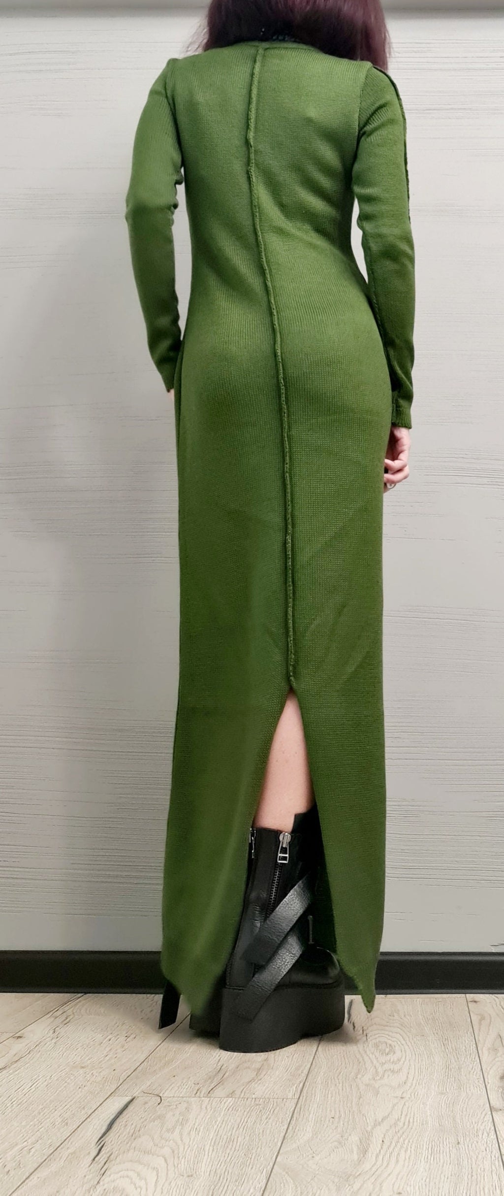 Military Green Asymmetric Maxi Knit Dress, Long Sleeves, Plus Size Sweater