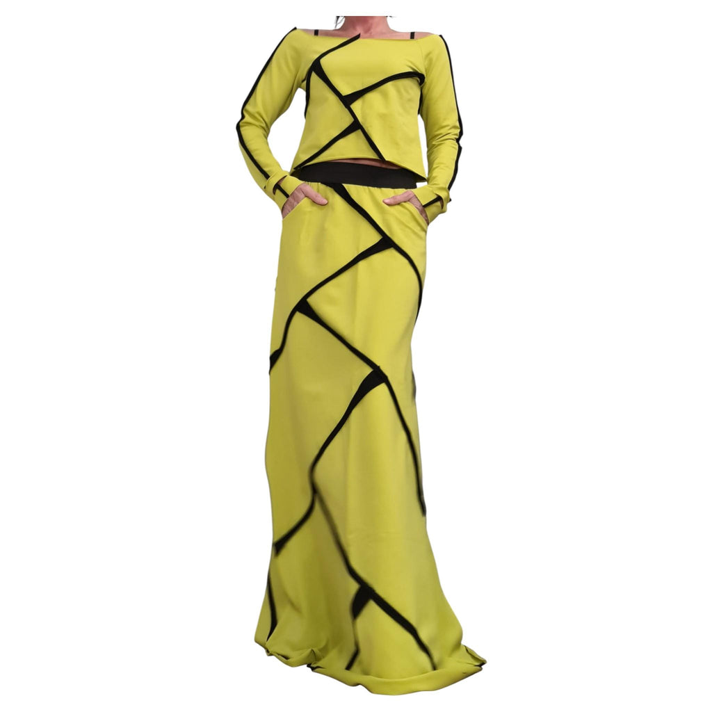 Pistachio Cotton High Waist Maxi Skirt, Asymmetrical Cropped Long-Sleeve Blouse, Contrast Trim, Co-Ord Set