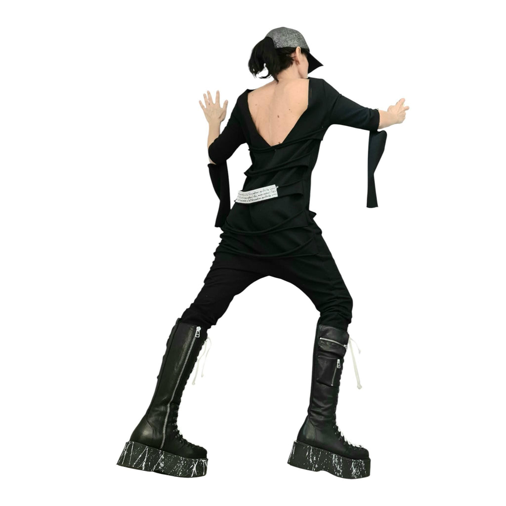 Black Cotton Drop Crotch Jumpsuit, Extravagant Open Back, Slim Fit Gothic Style