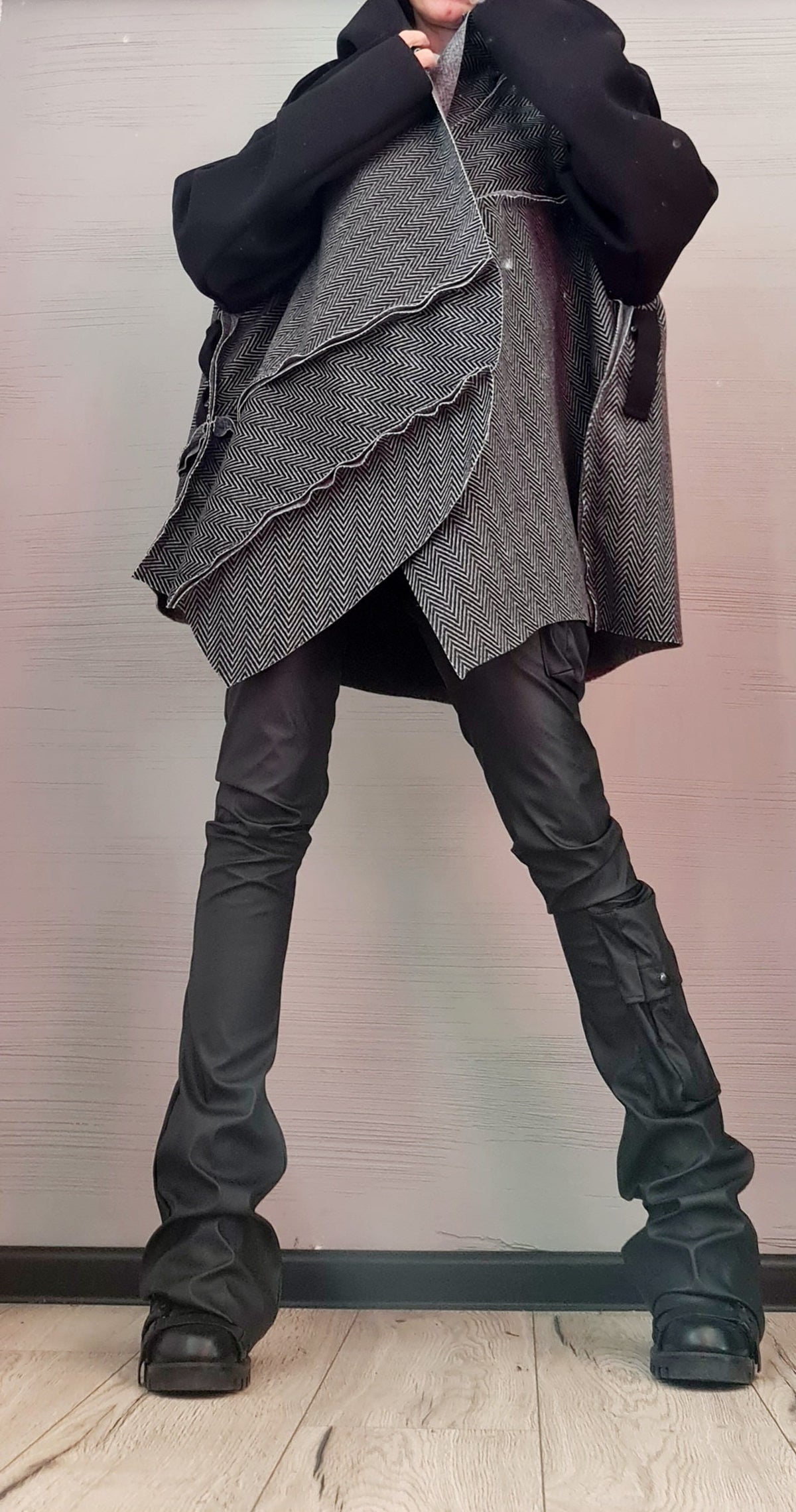 Grey and Black Asymmetrical Hooded Poncho, Herringbone Wool Cape, Long Sleeves, Plus Size