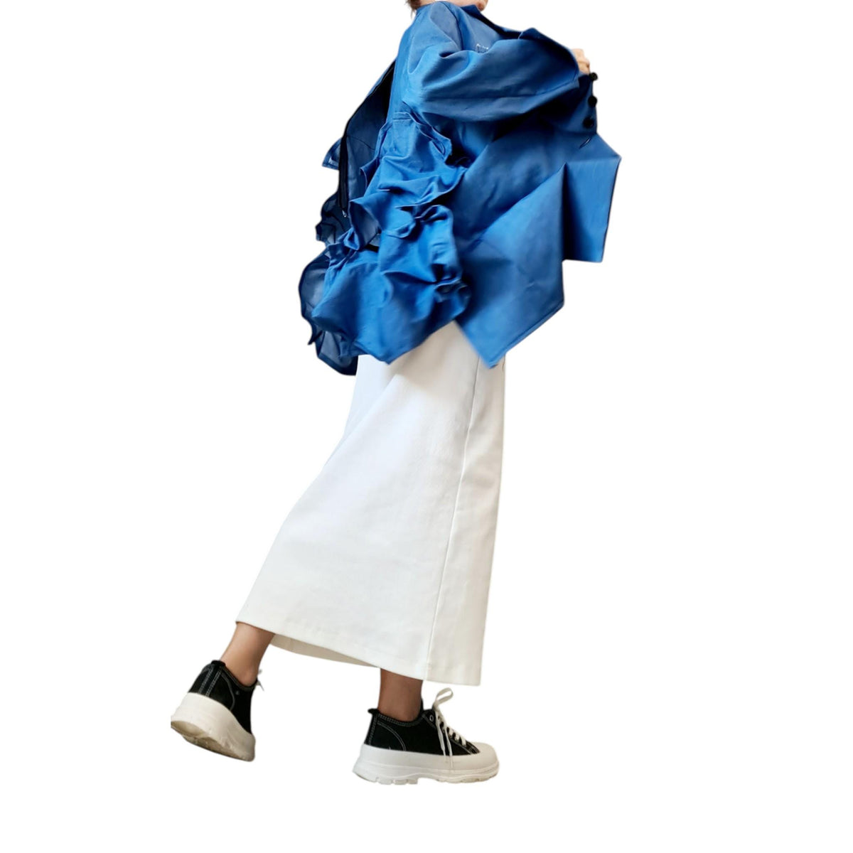 Asymmetric Ruffled Denim Jacket | Avant Garde Oversized Artistic Sculptural Outerwear | DDP USA