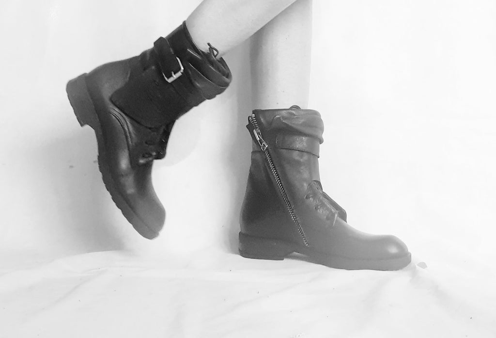 Black Leather Boots, Grunge Gothic Ankle Booties, Steampunk Women Footwear