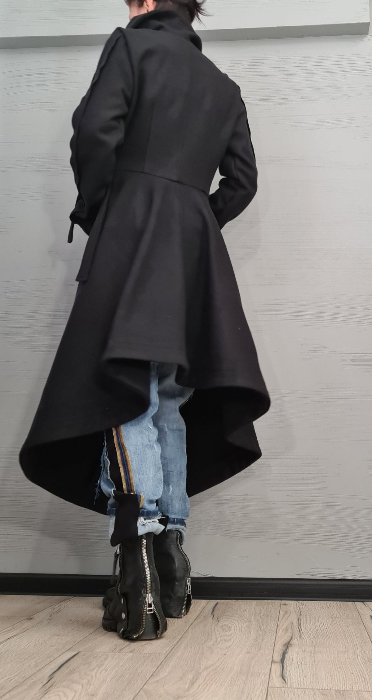 Black Asymmetrical Maxi Coat, High Collar Winter Jacket, Oversized Patch Pockets