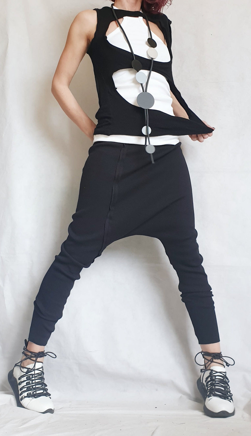 Black Cotton Drop Crotch Harem Pants, Sleeveless Top, Tapered Legs, Co-Ord Set