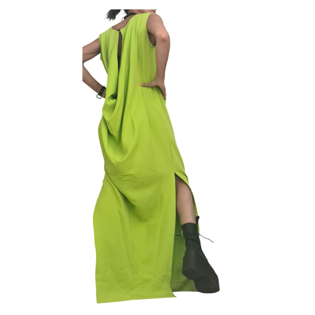 Lime Green Asymmetric Maxi Dress, Avant Garde Loose Drape Style