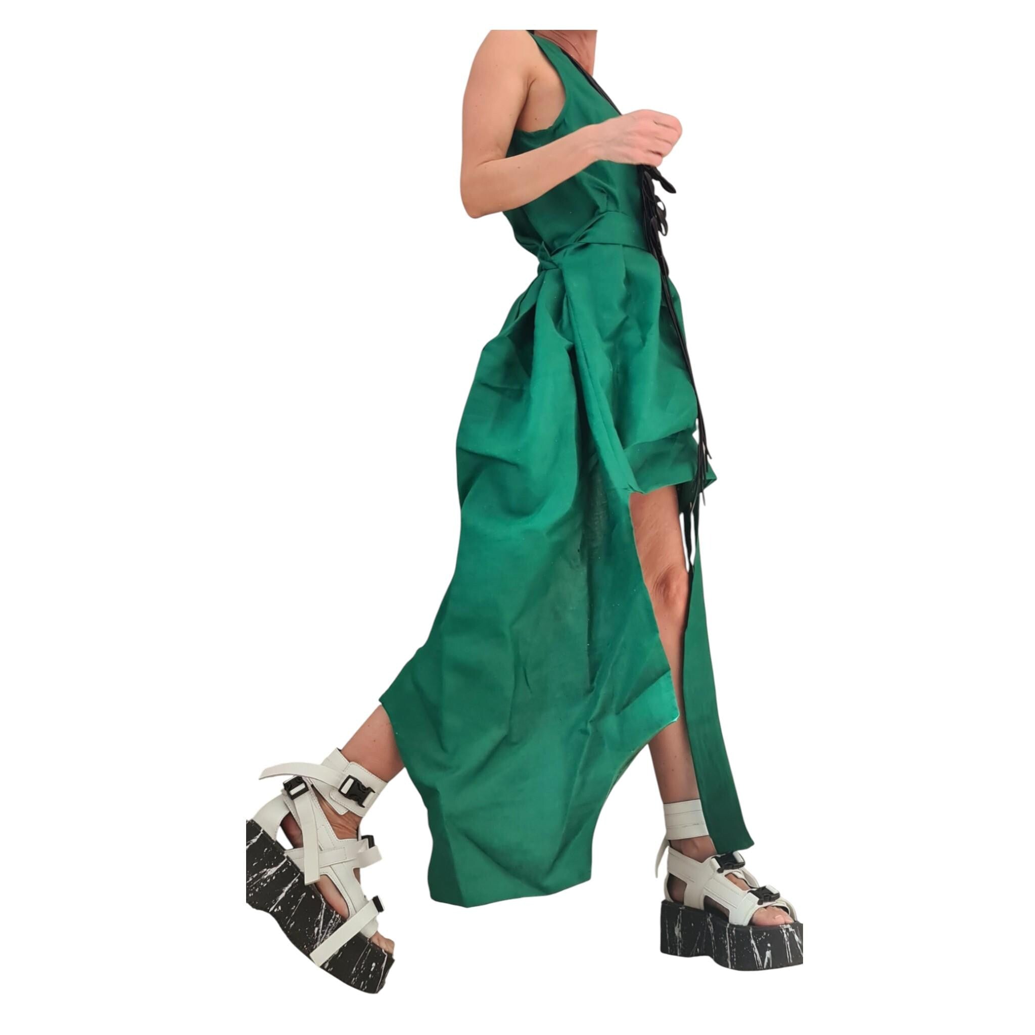 Green Linen Dress, High Low Asymmetric Design, Short Front Long Back, Sleeveless Linen Tunic