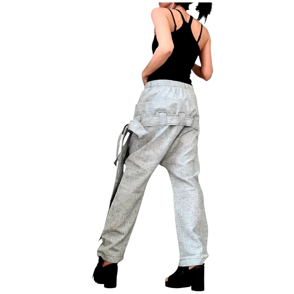Linen Drop Crotch Pants, Double Waistband Trousers, Slim Tapered Leg