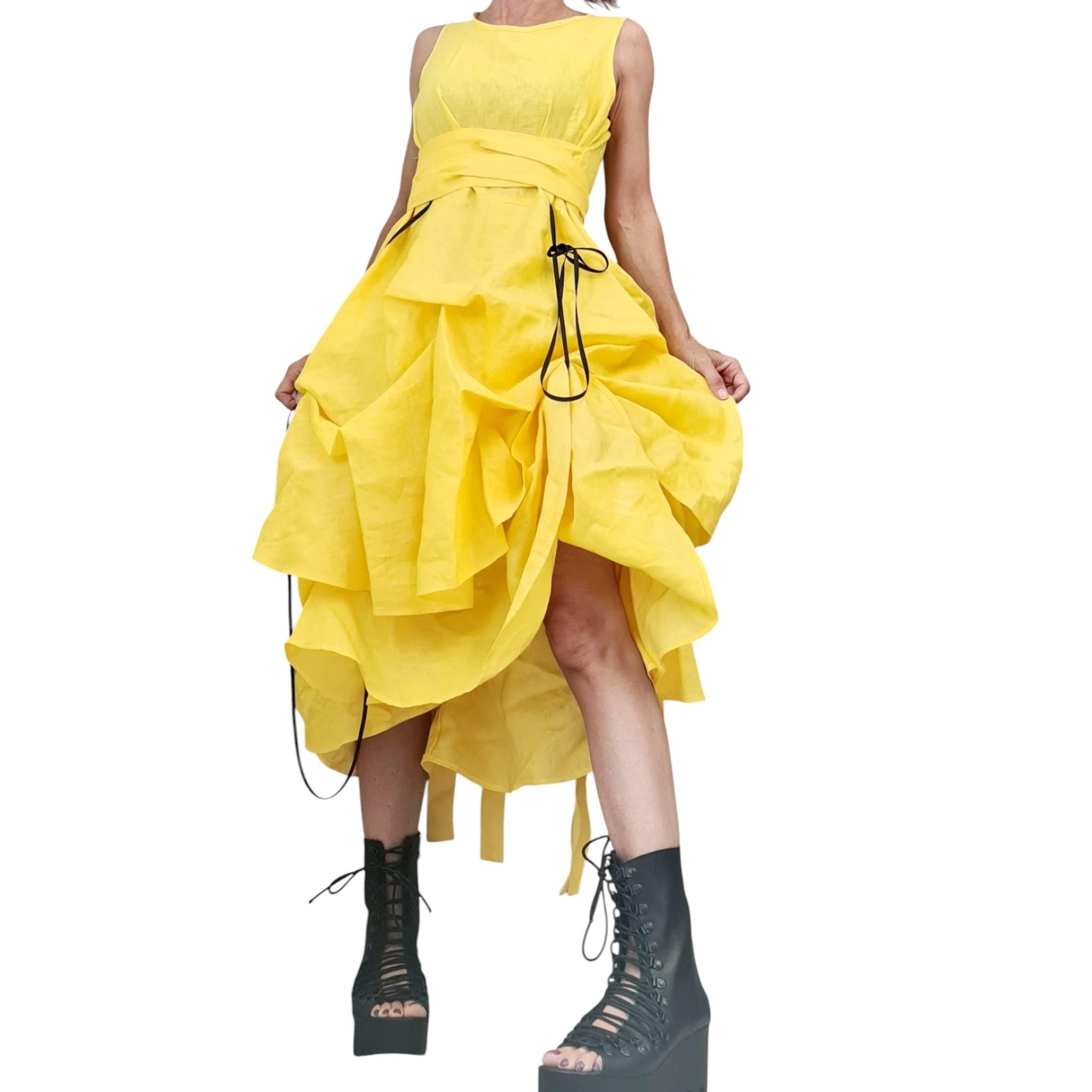 Yellow Linen Asymmetric Dress for Women, Sculptural Summer Dress, Avant garde Adjustable Volume Skirt