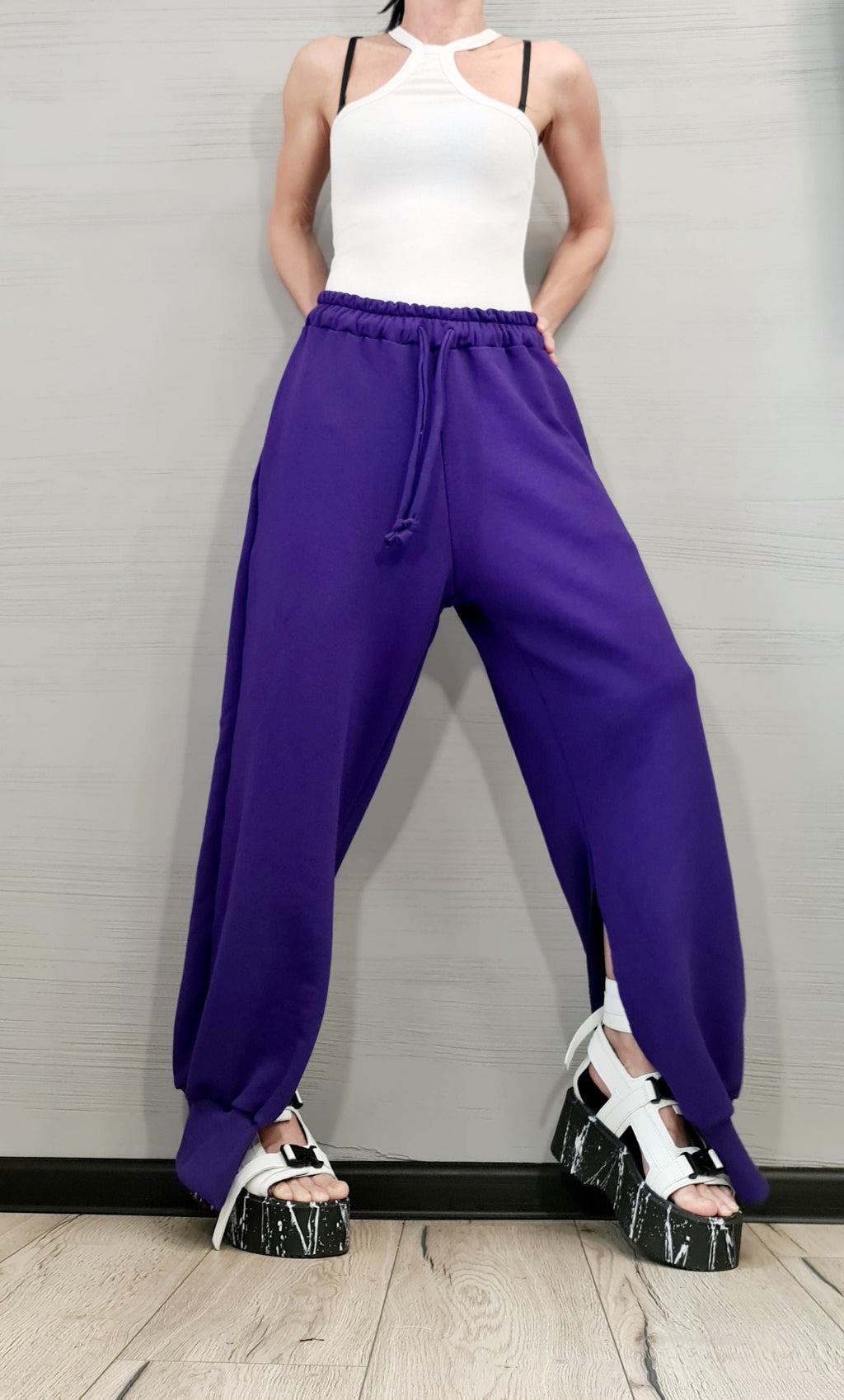 Purple French Terry Jogger Pants, Split Hem Trousers